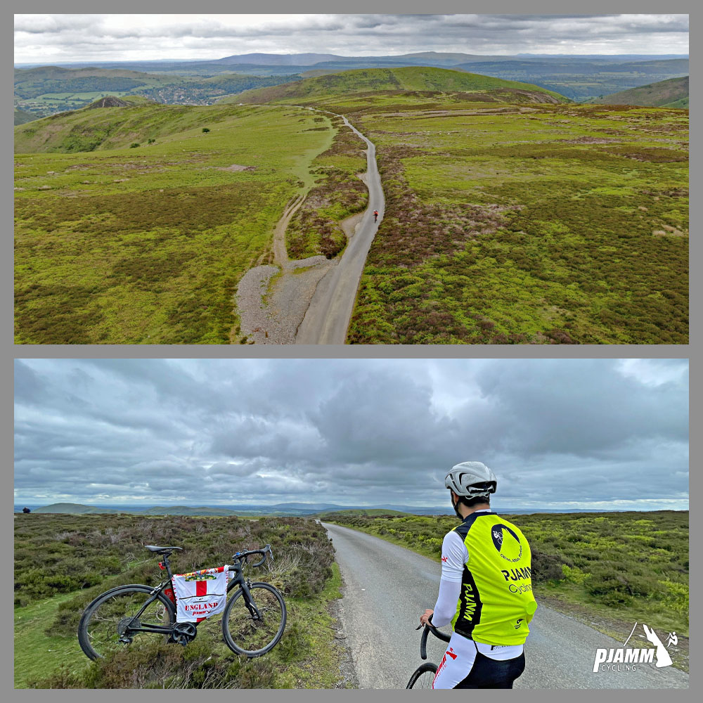 Cycling The Burway, Church Stretton, Wales aerial view and regular view of the Shropshire Hills Area of Outstanding Natural Beauty at climb's finish