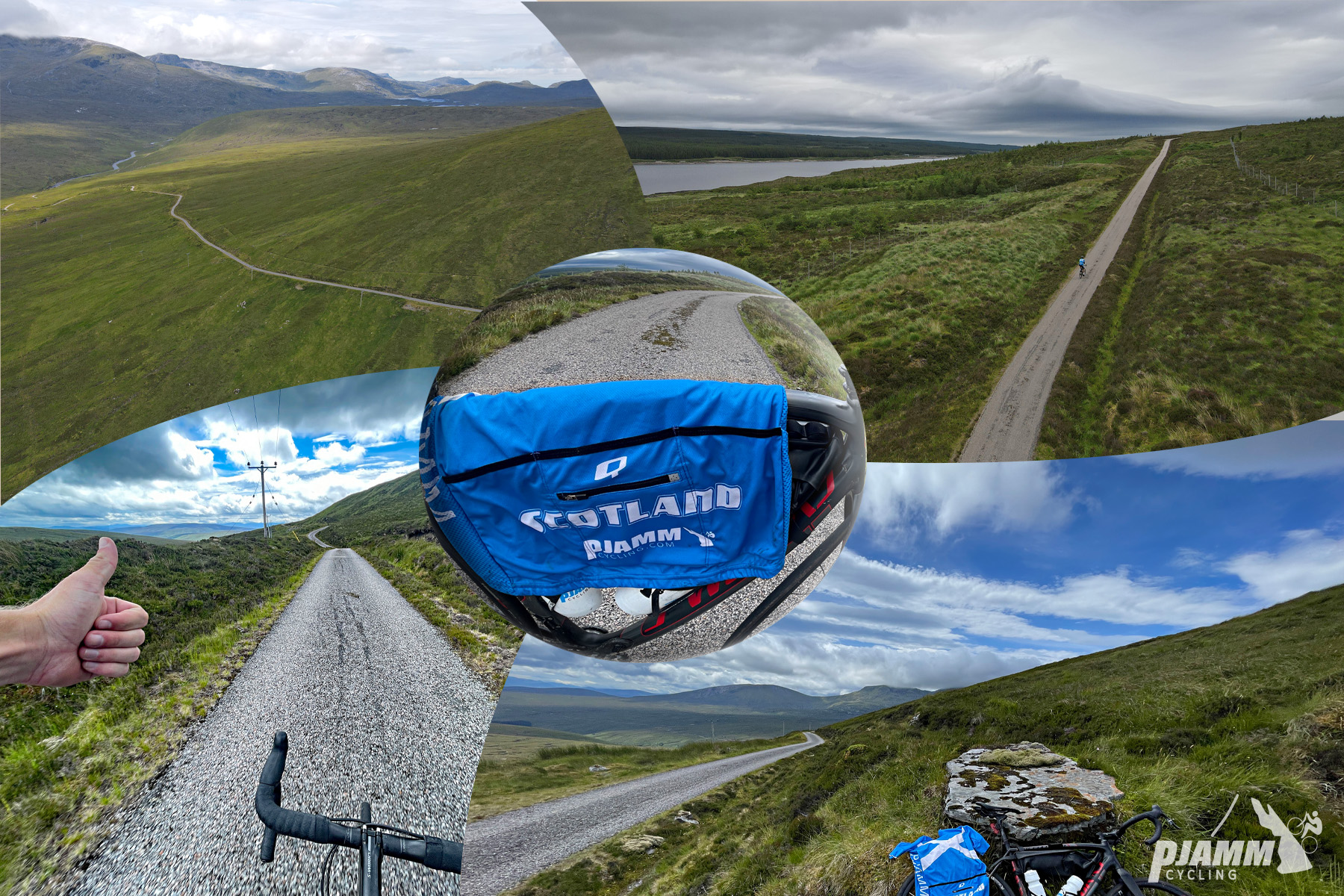 photo collage shows aerial drone view of roadway looping around green mountainside; PJAMM Cyclist on bike in one-lane roadway