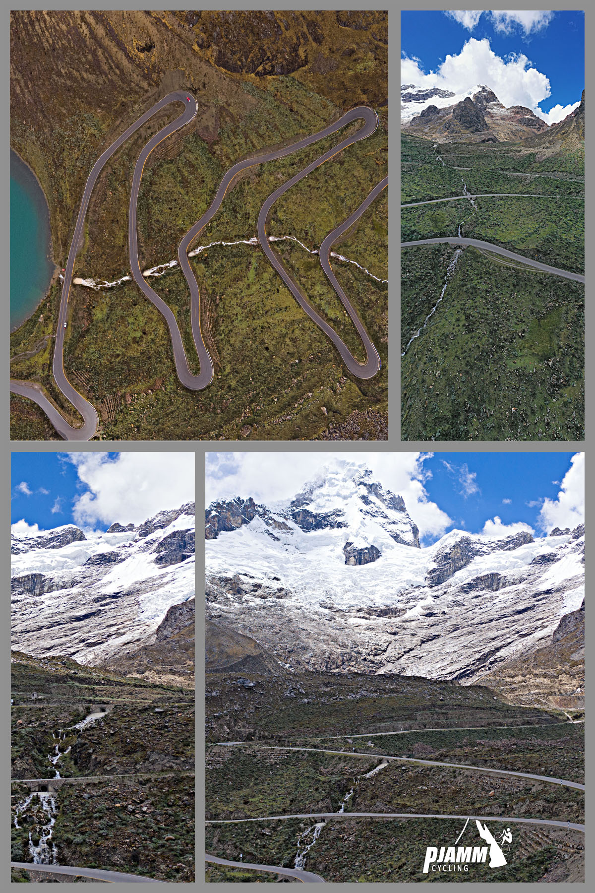Cycling Punta Olimpica East, Peru - photo collage, PJAMM Cycling logo in corner, aerial views show hairpins snaking up the mountainside, bright blue glacial lake