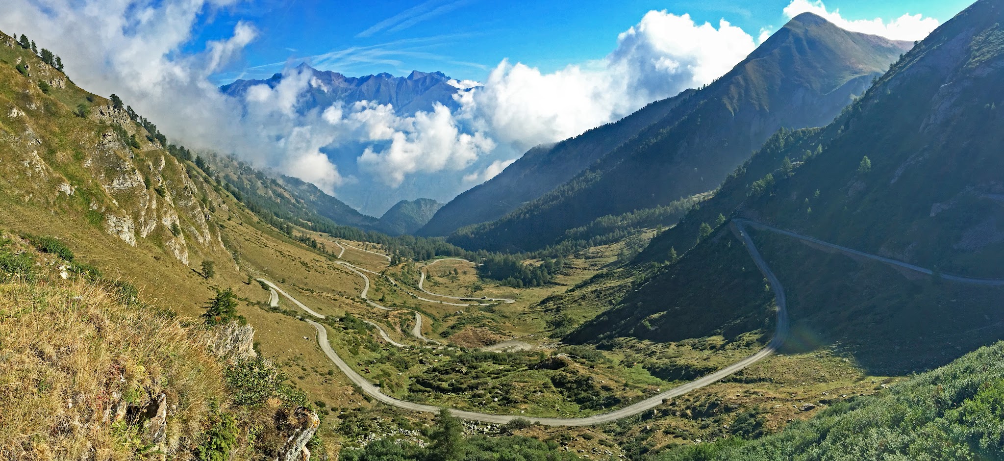 Bicycle ride Colle delle Finestre - view of roadway below and mountains