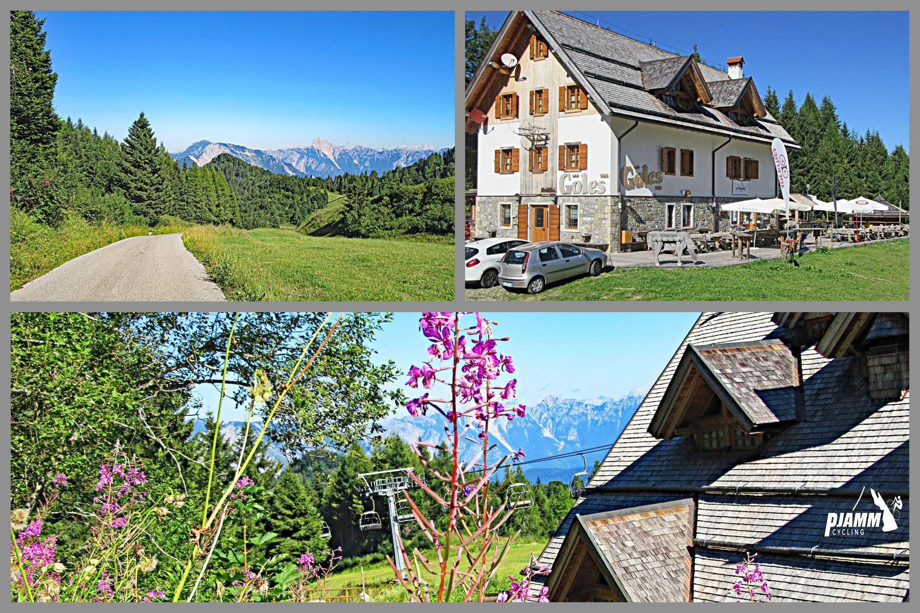 Cycling Monte Zoncolan from Sutrio - charming white Hotel Baita Goles, pink wildflowers and mountain views