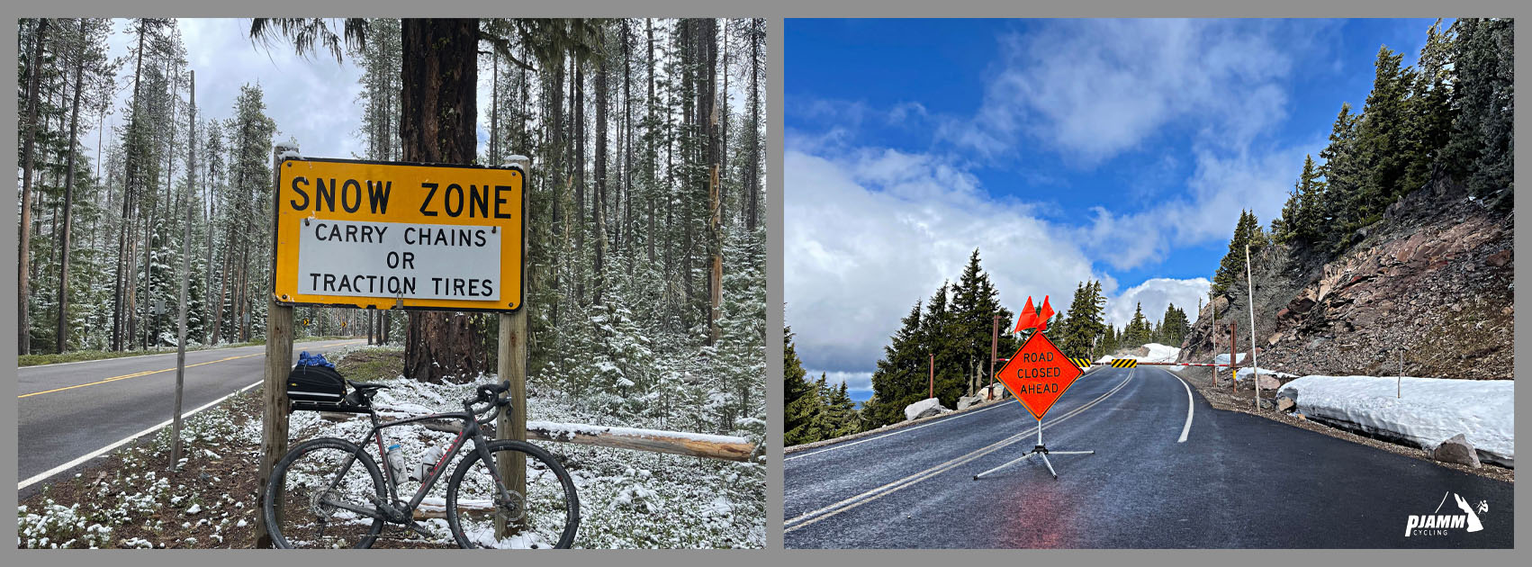 signs for road closures in Crater Lake National Park