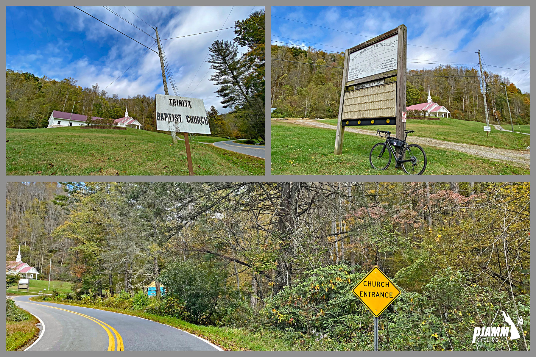 Cycling Richland Balsam, Blue Ridge Parkway - bike parked against sign for Trinity Baptist Church, old white church building with steeple, road sign reads "Church Entrance"