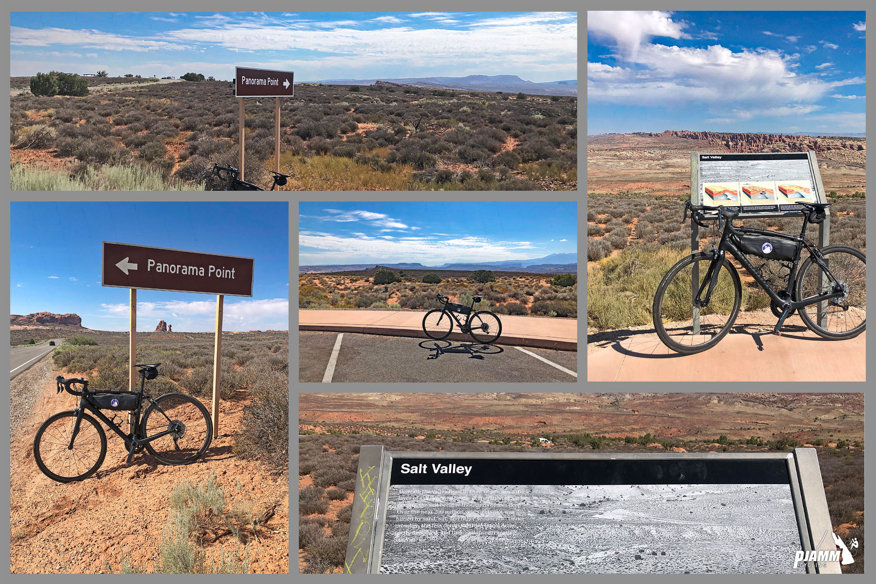 Cycling Arches National Park, Utah - photo collage, PJAMM Cycling logo in corner, bike parked along roadside and near various signs for Panorama Point viewpoint