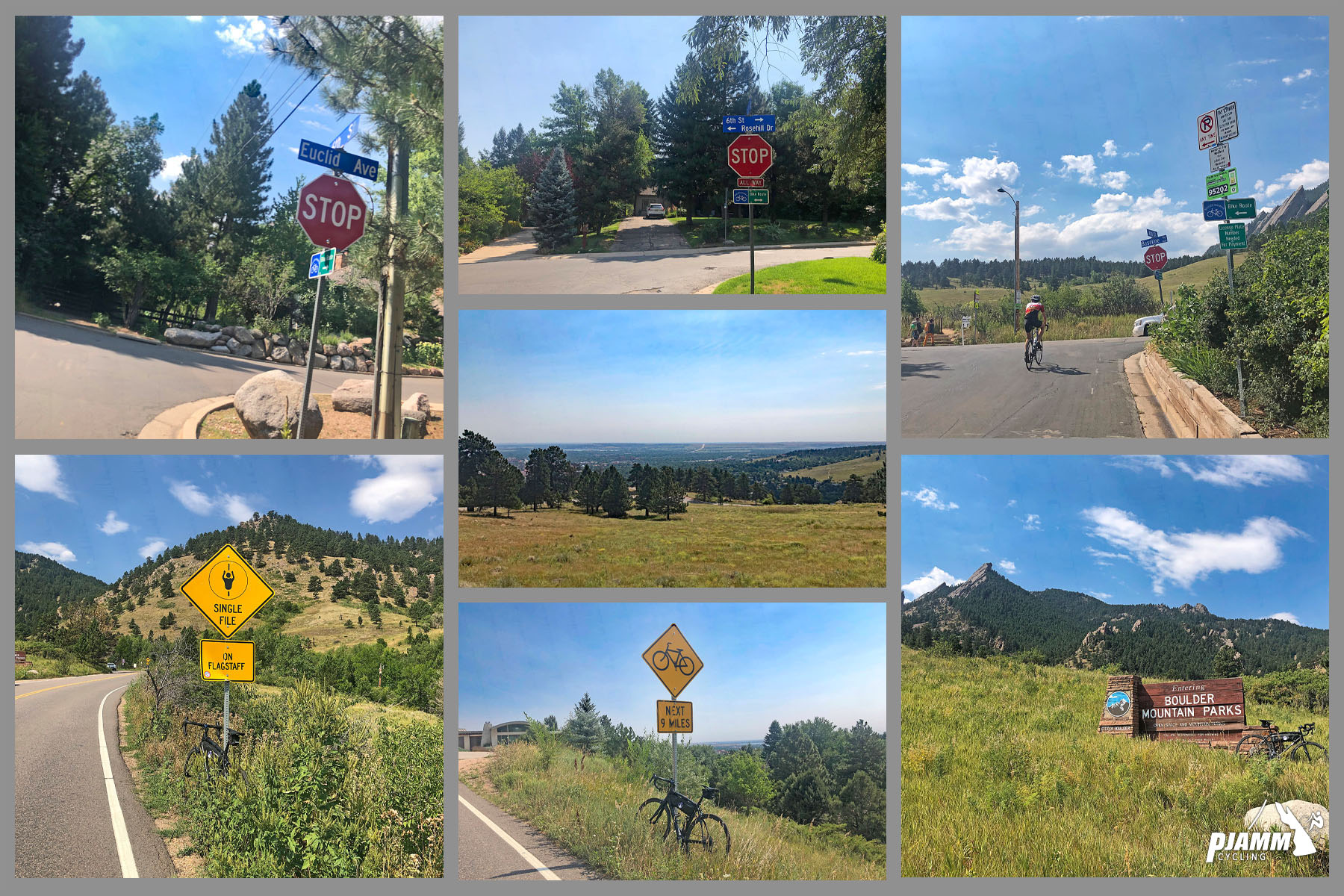 Cycling Super Duper Flag, Boulder, Colorado - photo collage, PJAMM Cycling logo in corner, road signs for Euclid Road, Boulder Mountain Parks, reminding cyclists to ride single file on Flagstaff