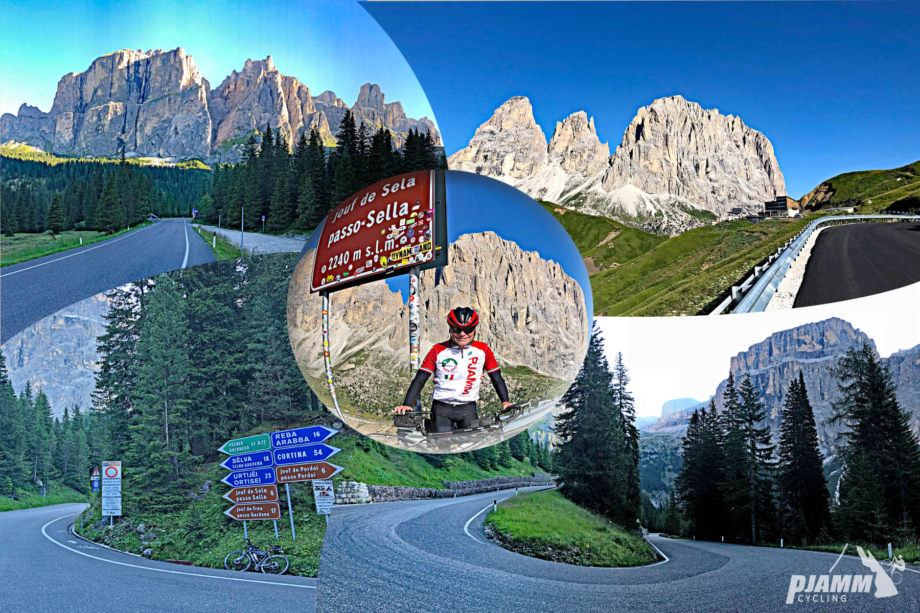 Cycling Passo Sella - photo collage, PJAMM Cycling logo in corner, PJAMM Cyclist stands with bike in front of sign for Passo Sella, switchbacks in roadway, tall stone mountains
