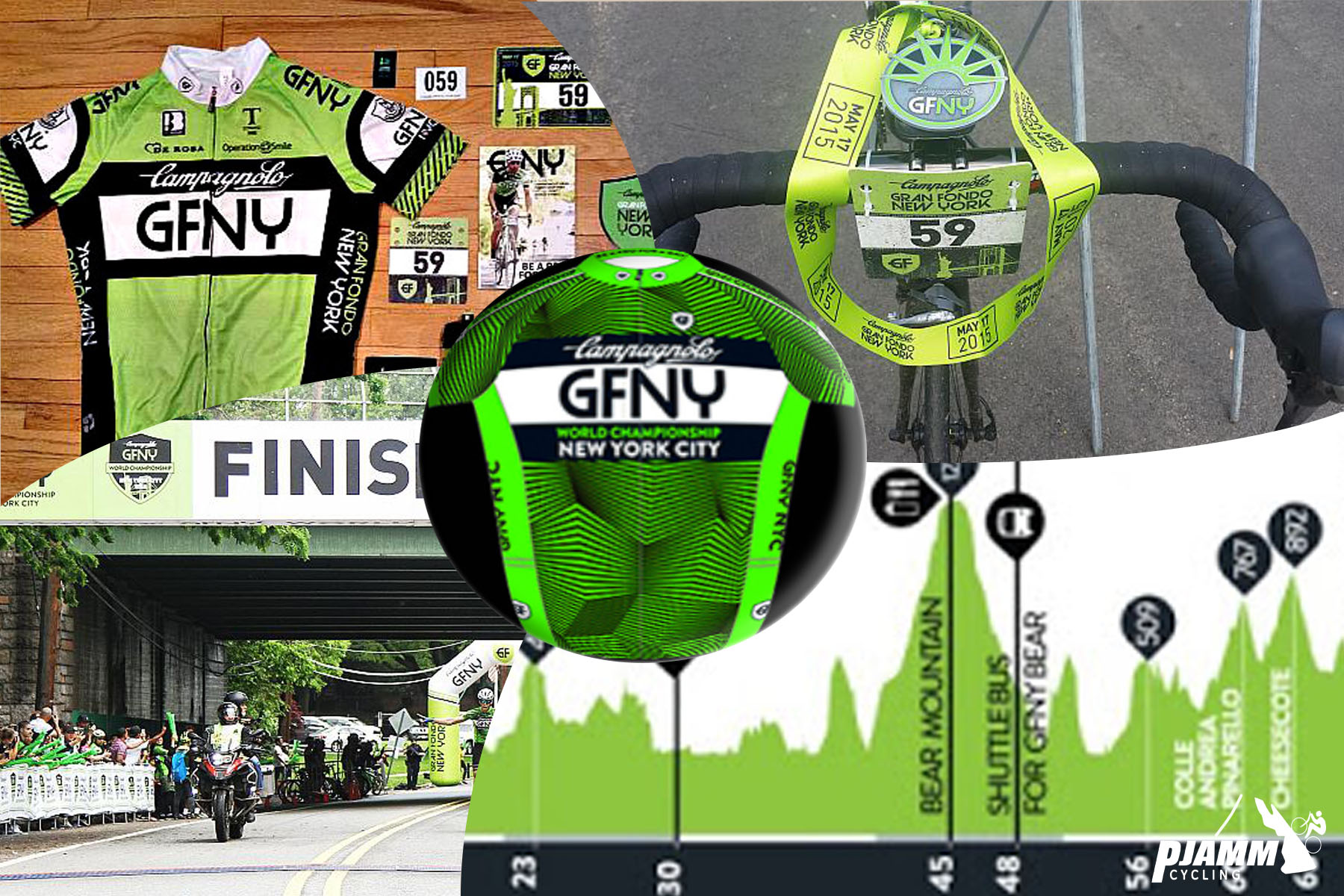 Cycling Bear Mountain, New York - Gran Fondo New York jerseys, climb gradient, bike handlebars with GFNY bib number, moto marshall riding in road during GFNY