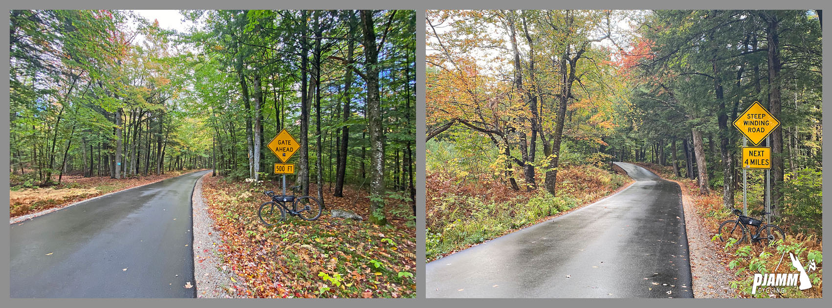 Cycling Hurricane Road East, New Hampshire - narrow, one-lane, pristinely paved roadway surrounded by tree cover, PJAMM Cycling logo in corner