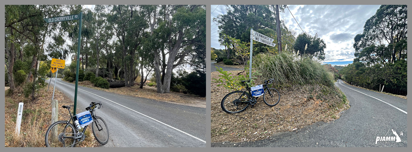 bike parked on roadway next to street sign for Cherryville Road