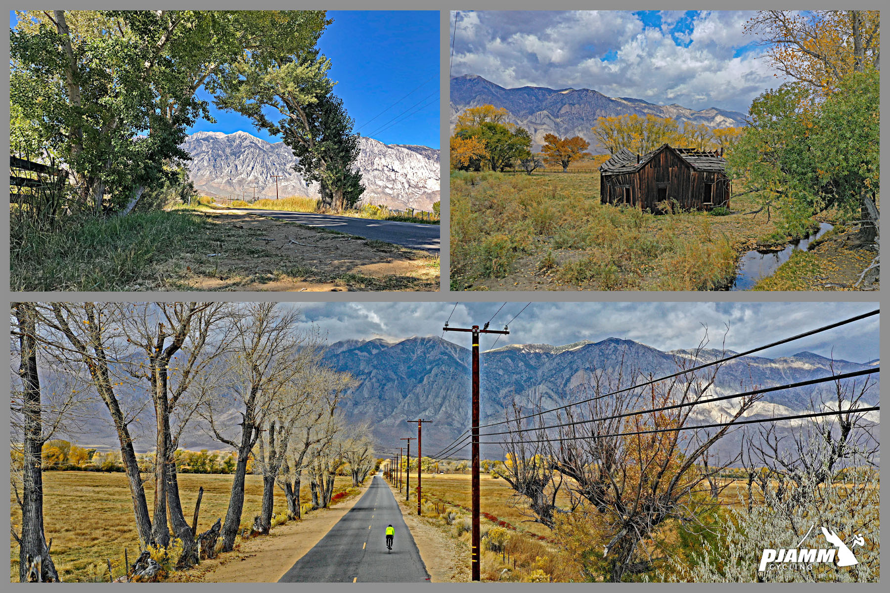 Cycling Pine Creek Road, California Cycling Pine Creek Road, California - views 1-2 miles before start of climb, mountains in distance, old farmhouse, two-lane roadway lined with trees