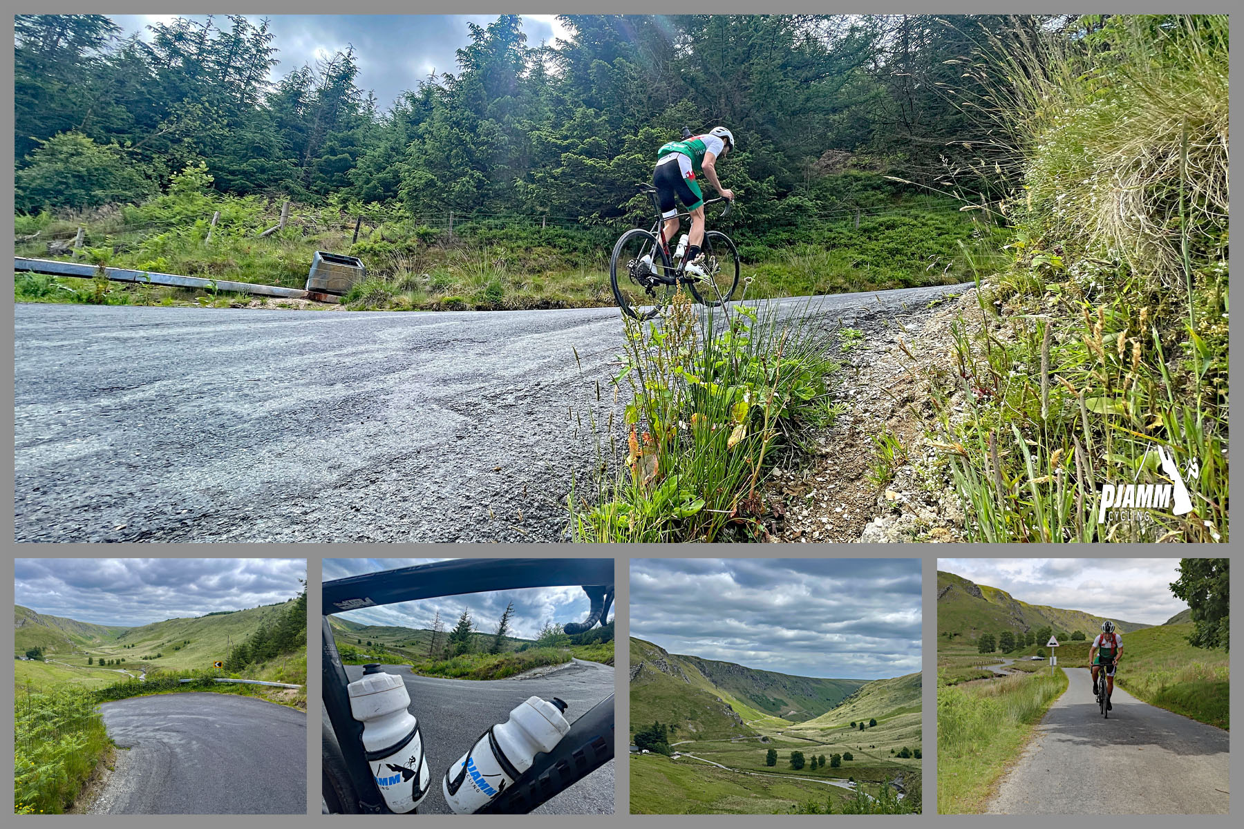 photo collage shows PJAMM Cyclist riding steep portion of roadway, green pasture and forestation surrounds