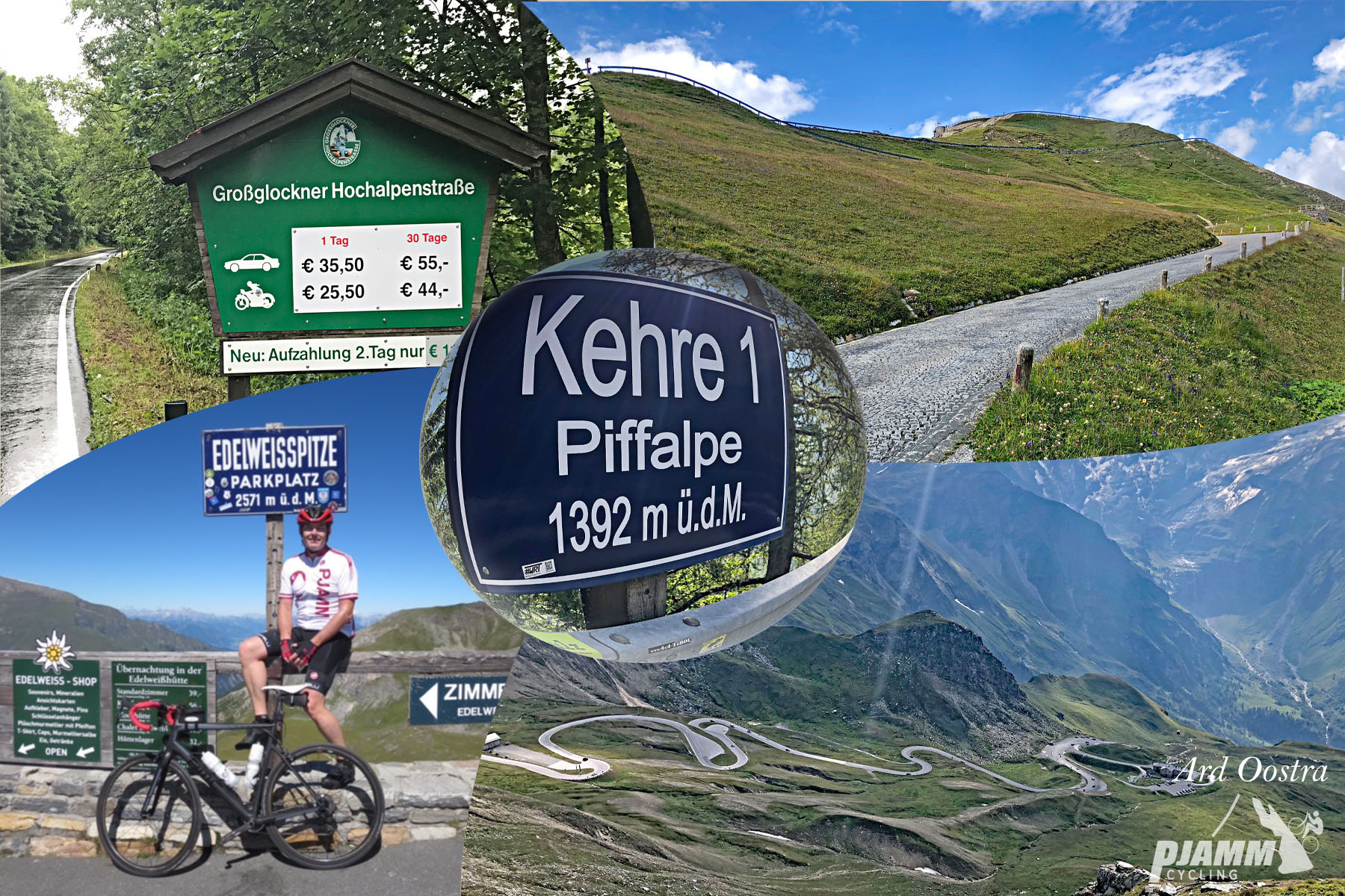photo collage; roadway switchbacking up mountainside, signs for Kehre 1 Piffalpe; Grobglockner Hochalpenstrabe