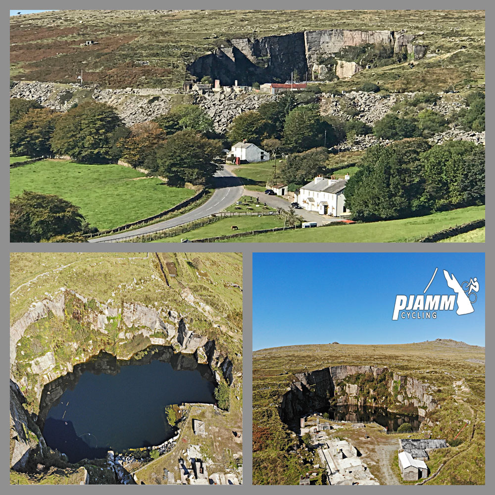 Cycling Rundlestone, England - aerial views of abandoned granite quarry, a large hole in ground surrounded by pastureland and white buildings along the roadside, PJAMM Cycling logo in corner