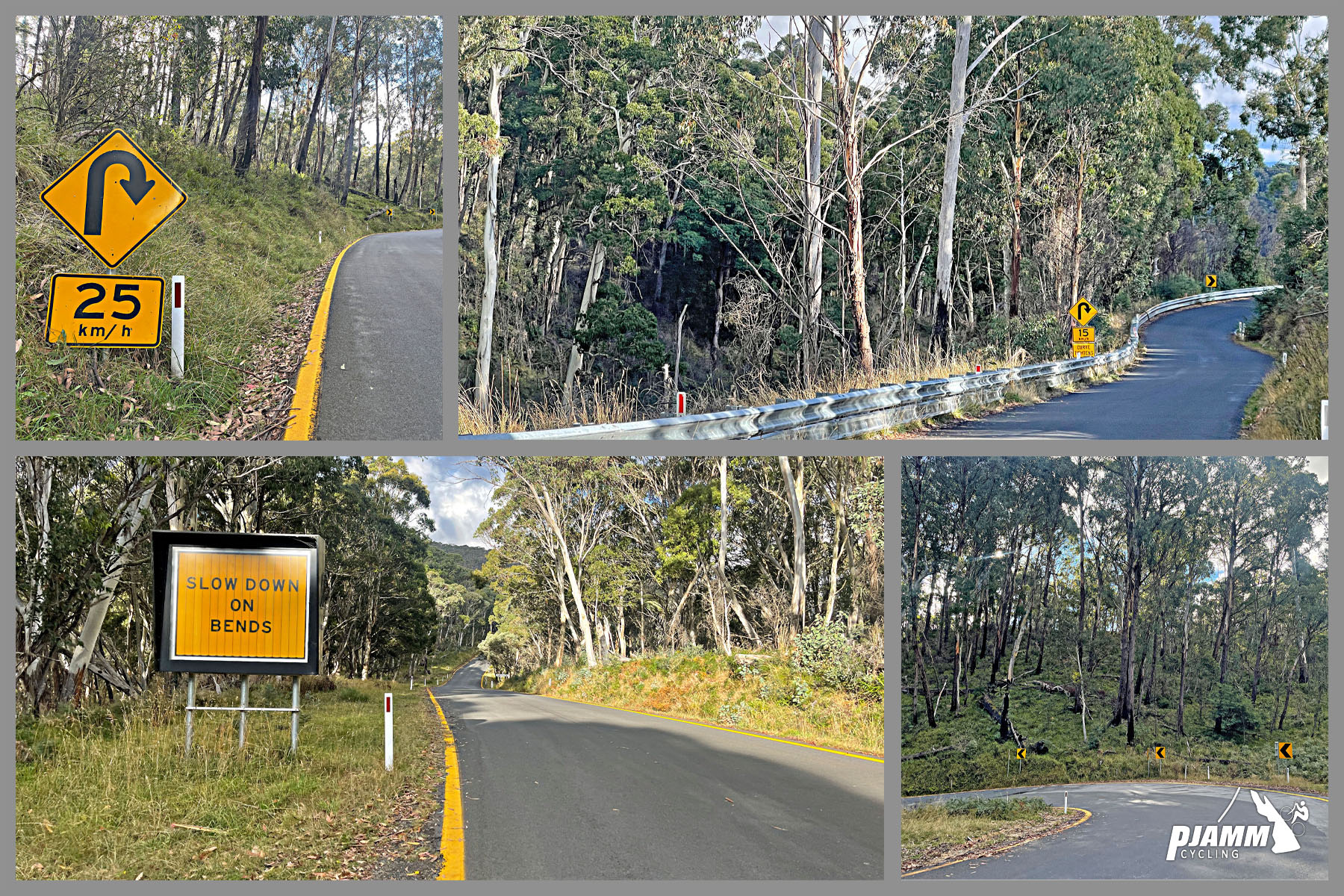 photo collage shows curves in roadway along the climb route