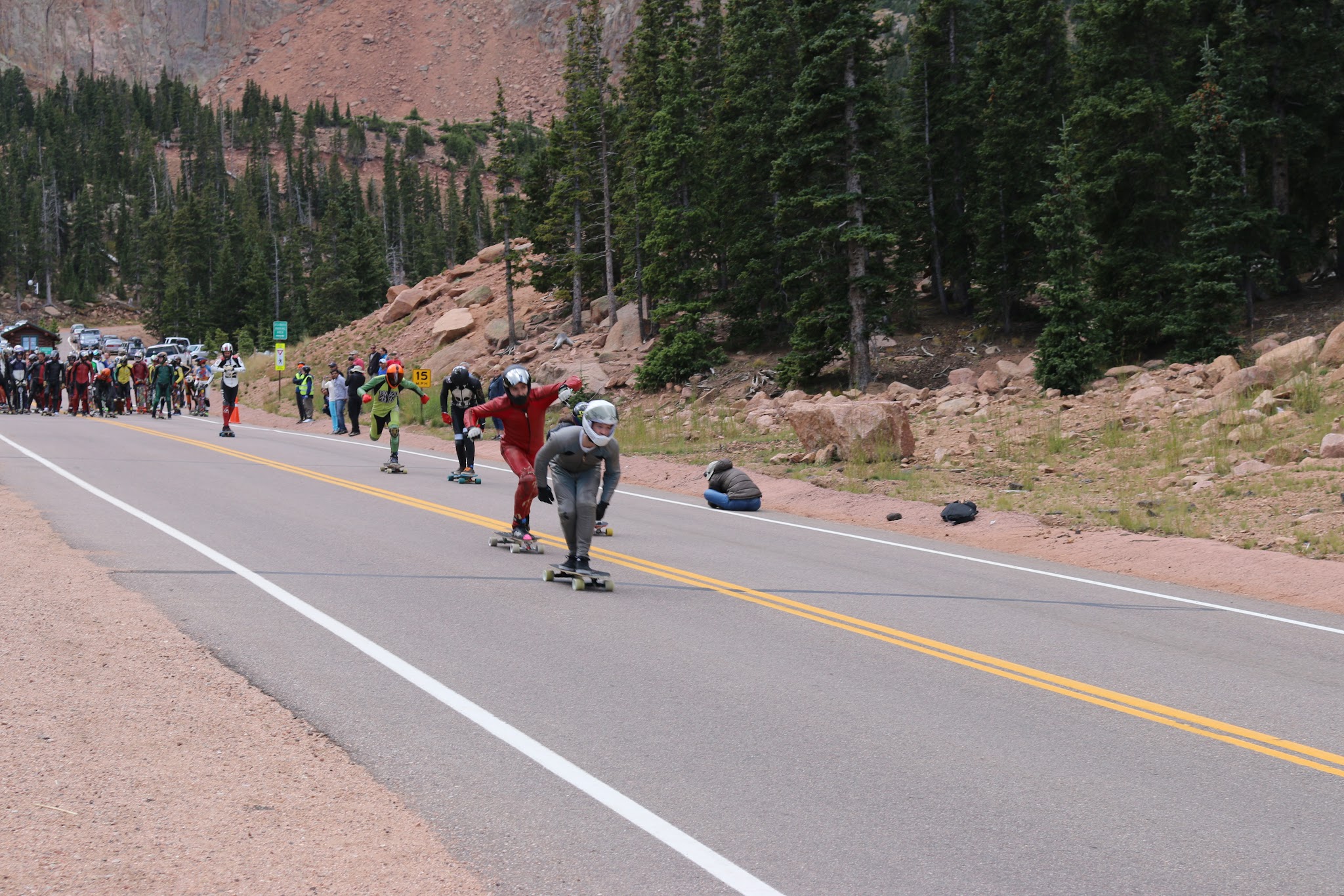 Long Board skateboarders coming down Pikes Peak