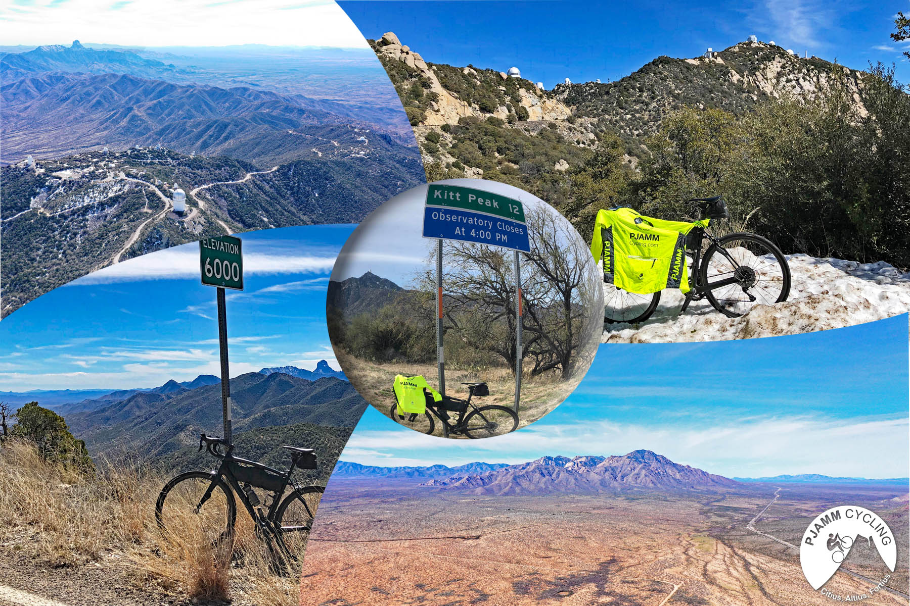 Cycling Kitt Peak, Arizona - photo collage, road signs showing 6000' elevation and signs for Kitt Peak, Observatory, aerial views overlooking mountain range, high desert landscape, bike parked in snow on roadside, PJAMM Cycling logo in corner