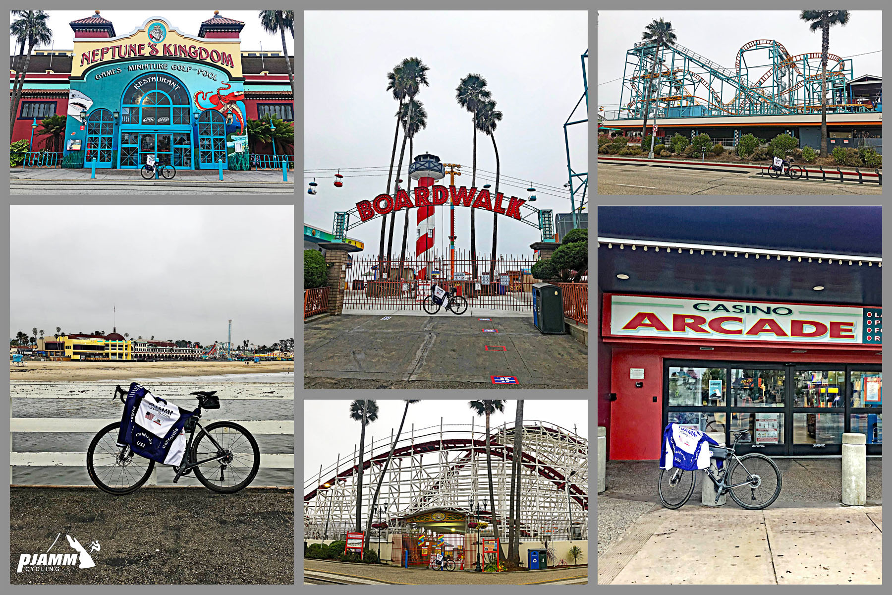 Cycling Santa Cruz County - photo collage, Neptune's Kingdom storefront, Santa Cruz Beach Boardwalk sign, palm trees, roller coaster, wooden pier with roadbike, wooden roller coaster, road bike in front of Casino Arcade sign