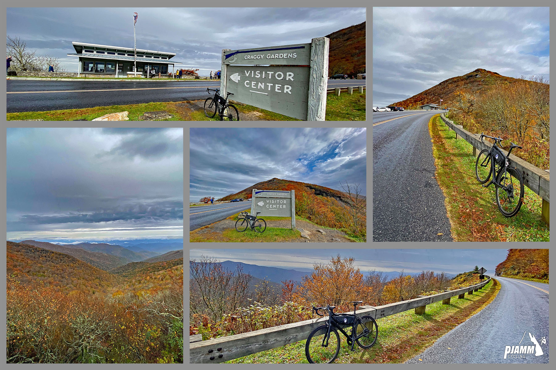 Cycling Blue Ridge Parkway to Craggy Gardens - Craggy Gardens Visitor center, sign for visitor center, bike parked against wooden retaining wall along the BRP