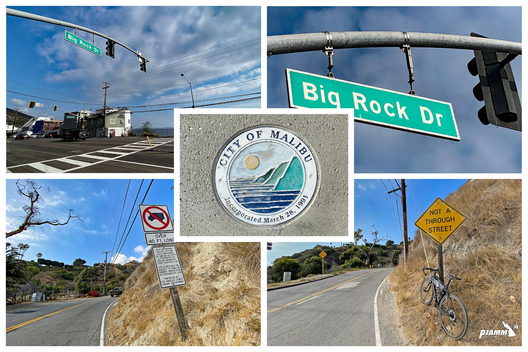 Cycling Big Rock Drive to Stunt Road - photo collage, City of Malibu Sign, Big Rock Drive sign, bike parked on side of road next to sign for "Not a Through Street"