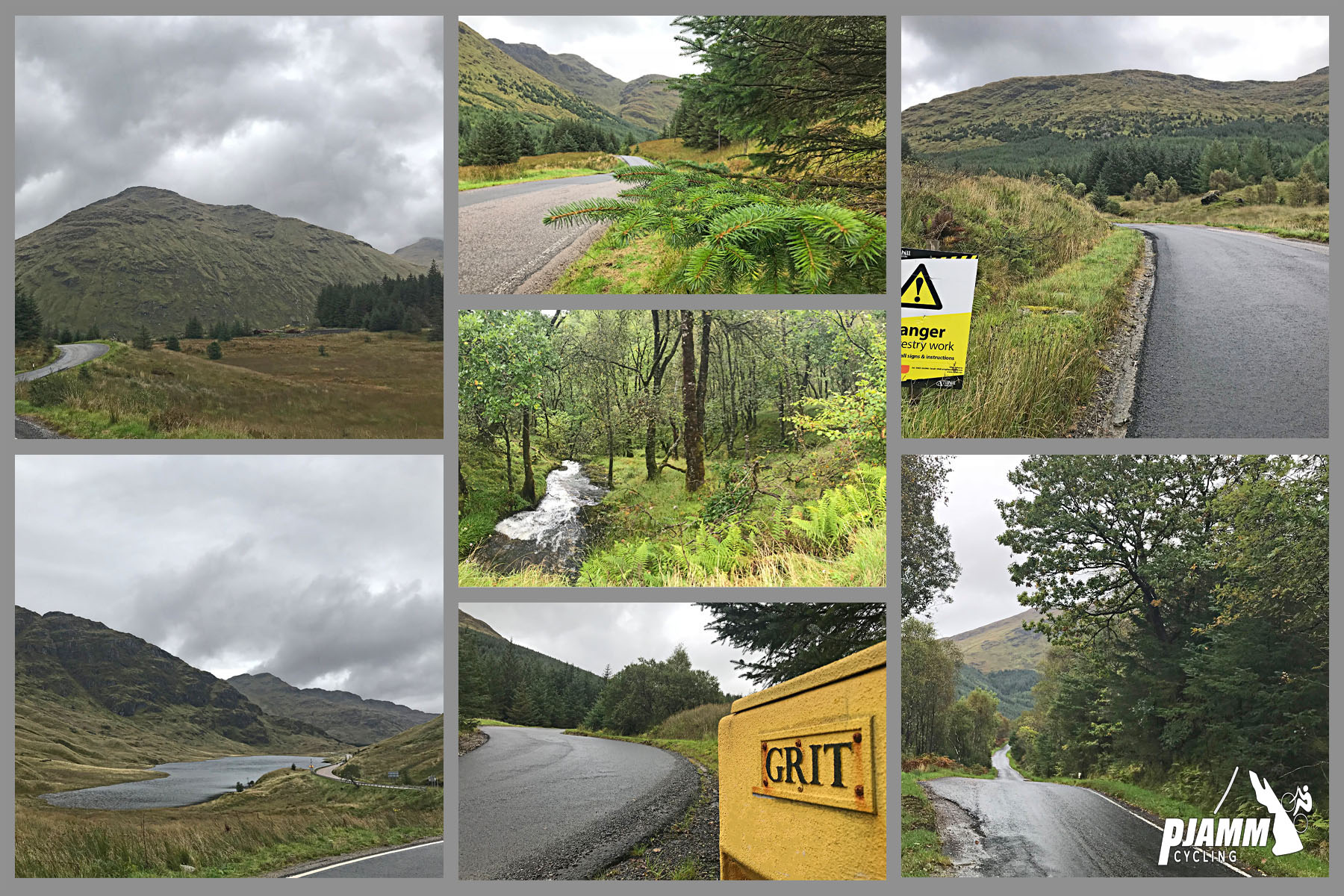 Cycling Rest and Be Thankful, Scotland Cycling Rest and Be Thankful, Scotland - grey cloudy skies, hillside in background, lush greenery, lake along winding roadside, rushing creek, sign saying "GRIT", PJAMM Cycling logo in corner