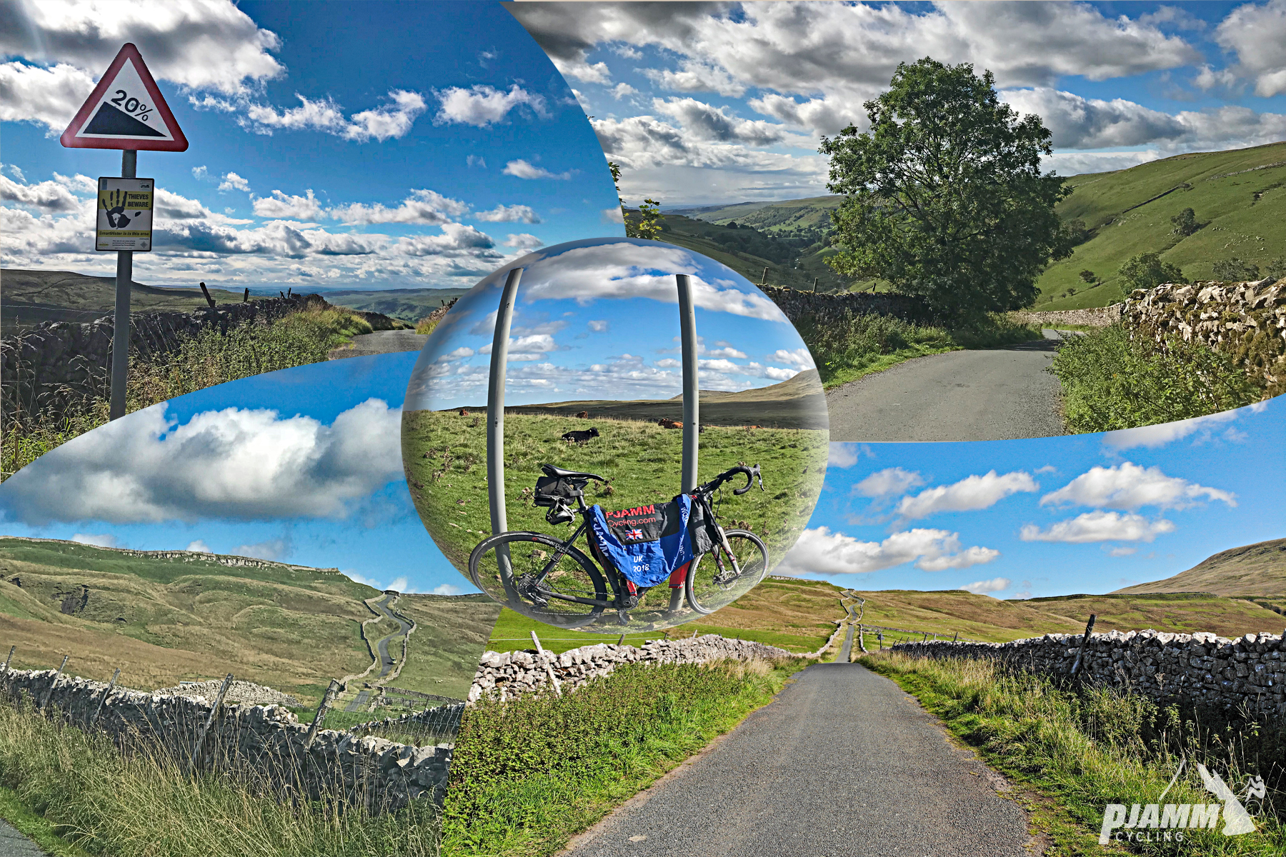Cycling Park Rash - photo collage, PJAMM Cycling logo in corner, bike parked at base of street sign overlooking green pastureland, one-lane country road lined with low rock retaining wall and pastureland on either side, road sign for 20% grade