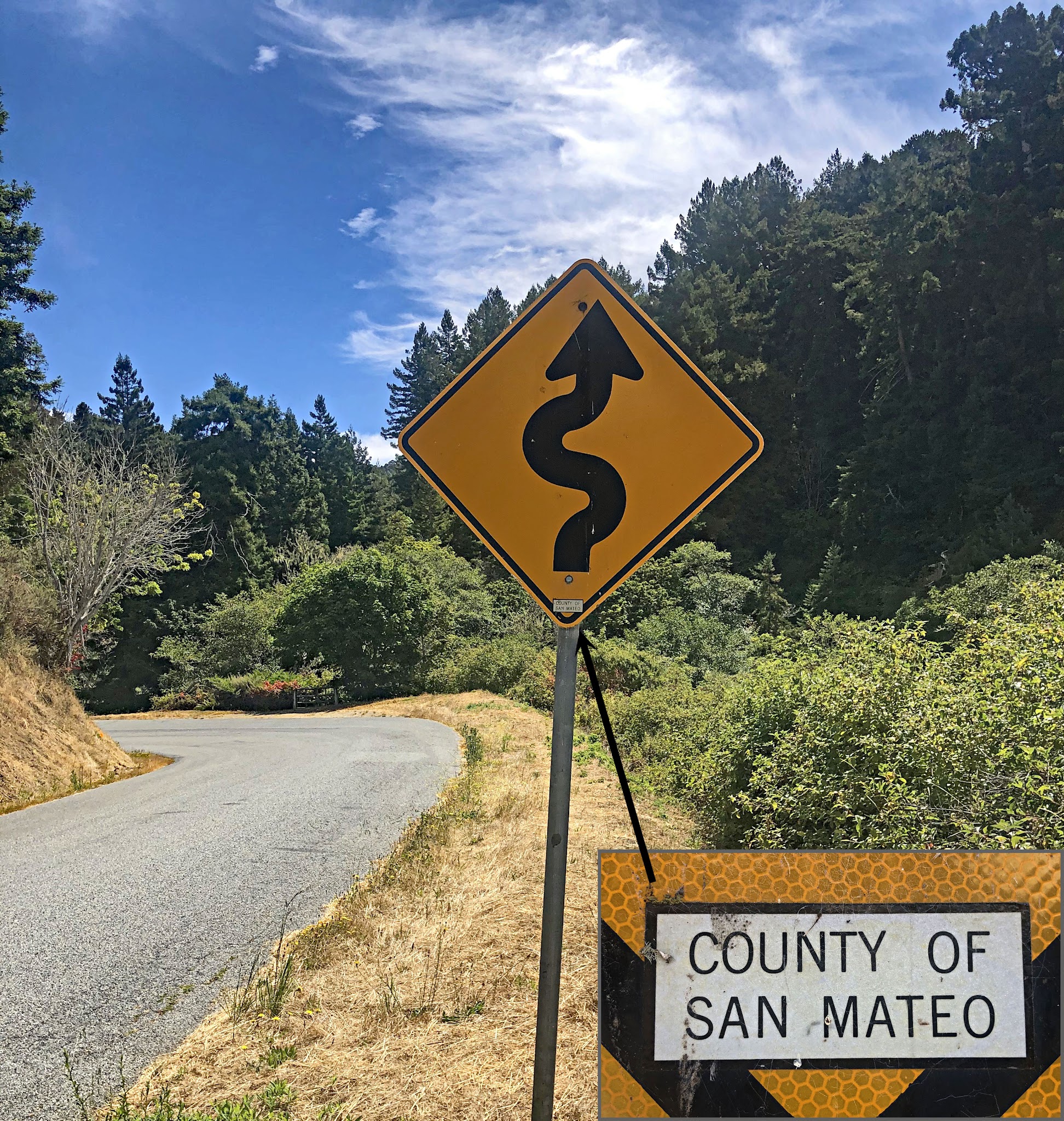 Cycling Tunitas Creek Road - street sign noting winding road posted along a curve in a one lane road