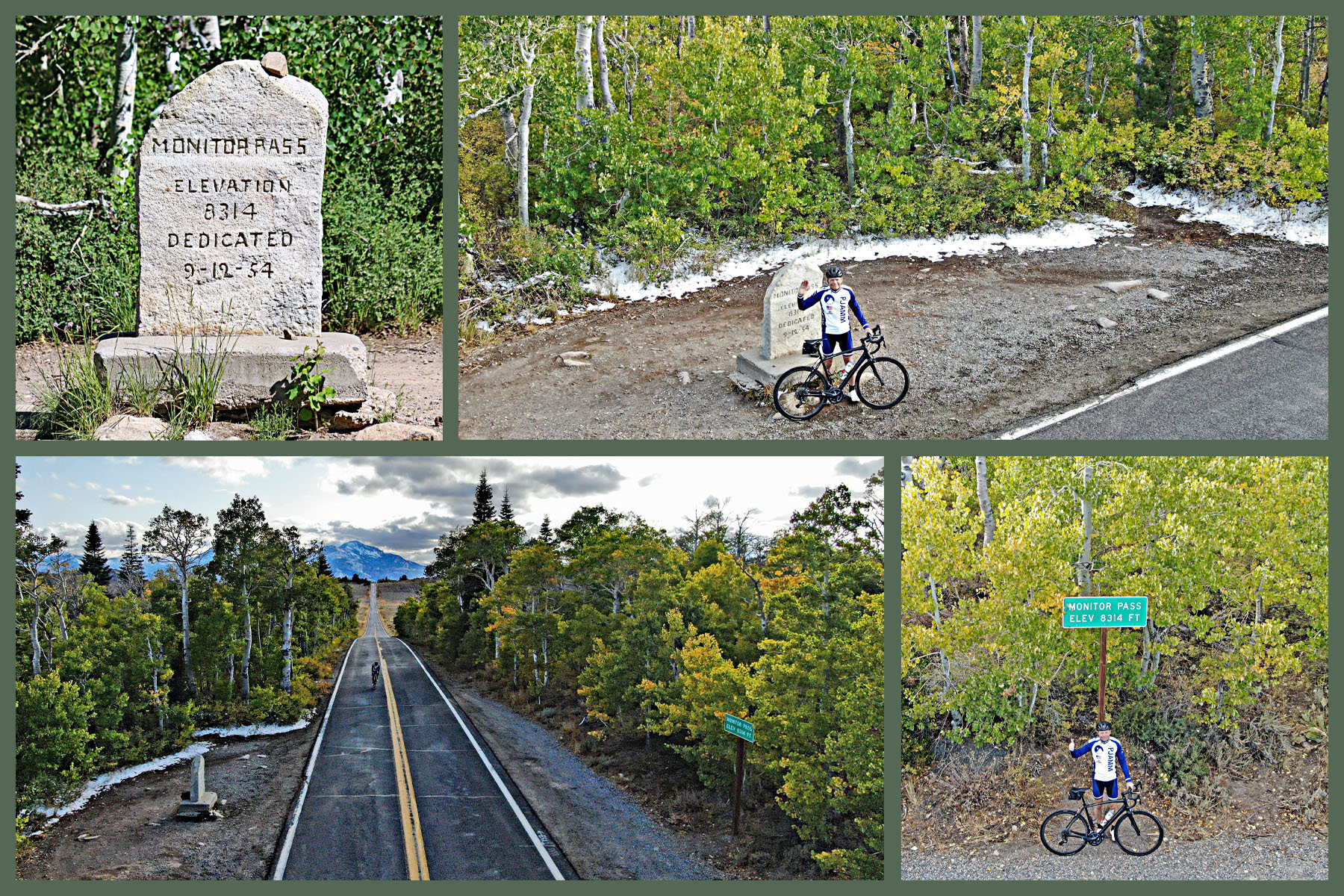 Climbing Monitor Pass West by bike - cyclist approaching pass monument and marker