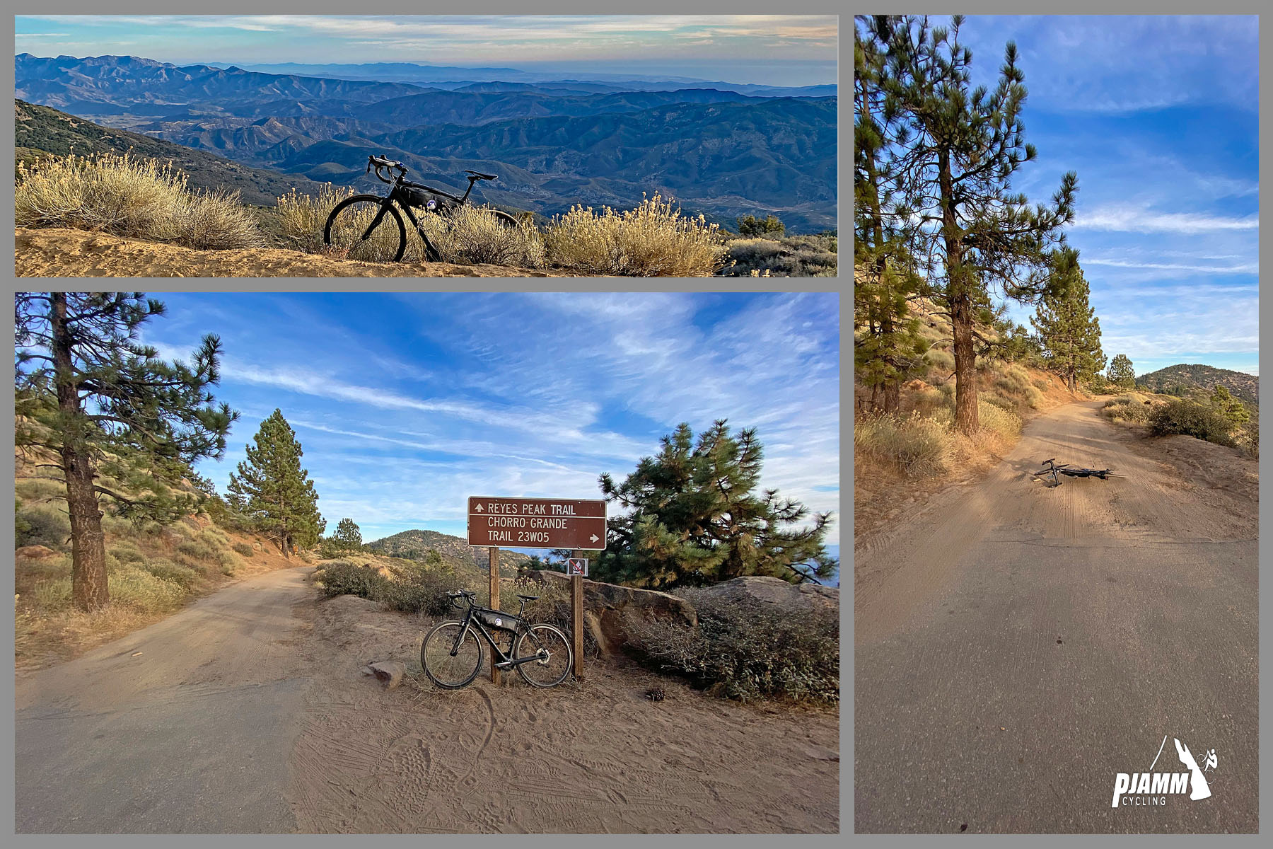 Cycling Highway 33 to Pine Creek Summit - climb summit, bike parked next to sign for Reyes Peak Trail, bike parked on hillside overlooking mountain range