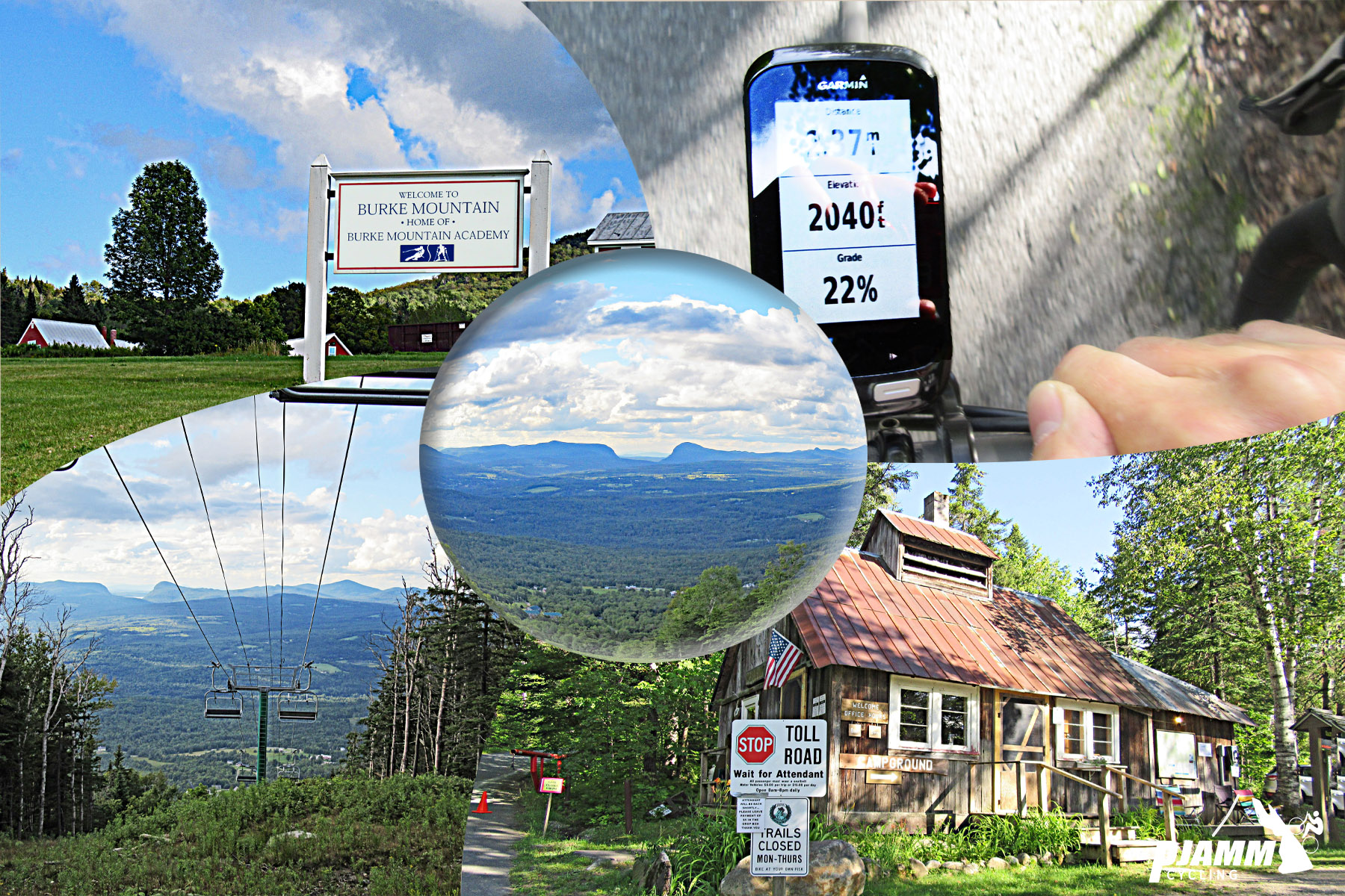 sign for Burke Mountain, old home next to sign for Toll Road, aerial view from climb, Garmin device reading 22% grade, ski lift