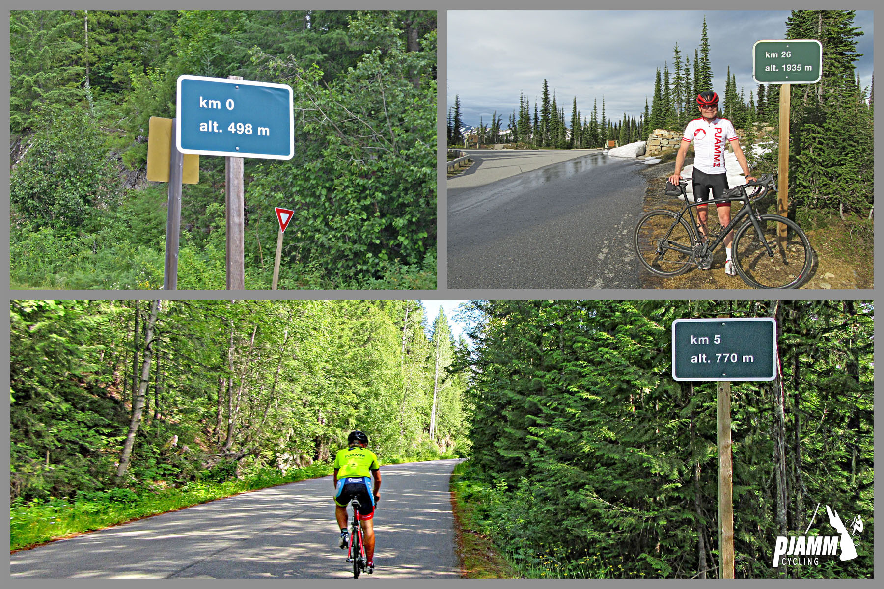 Cycling Mt. Revelstoke, BC, Canada - PJAMM Cycling logo in corner, kilometer mile markers which include altitude at various locations