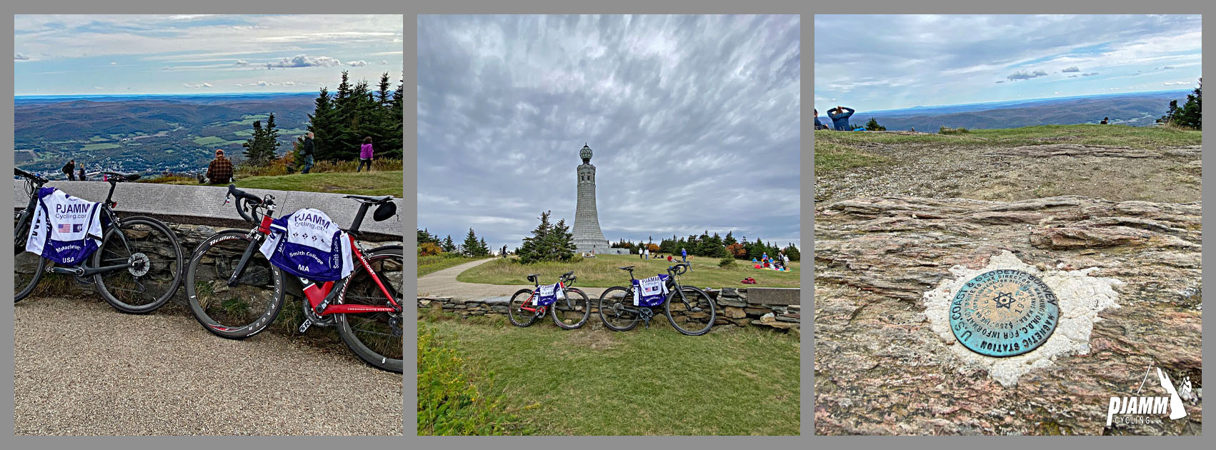 Cycling Mt. Greylock South, Massachusetts  - photo collage, bikes leaning against railing overlooking views from summit, bikes in front of Veterans Memorial Tower, and plaque at top of climb, PJAMM Cycling logo in corner