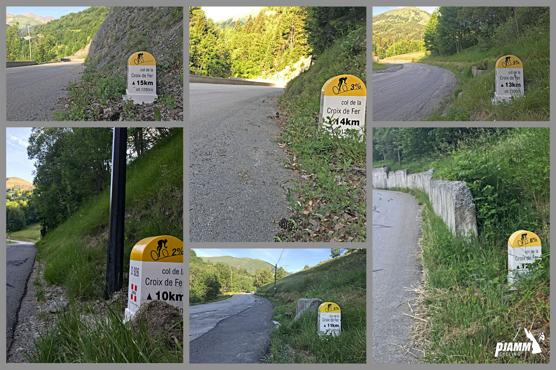Cycling Col d la Croix de Fer from Saint-Jean-de-Maurienne - photo collage shows KM markers along the climb