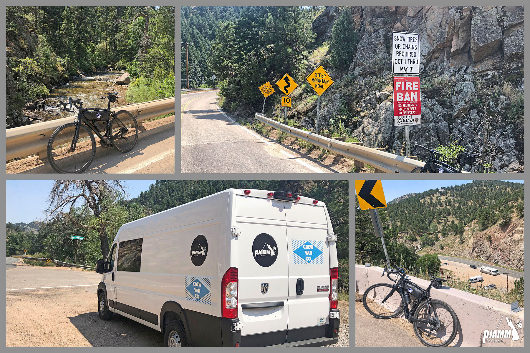 Climbing Magnolia Drive, Boulder, Colorado - photo collage, PJAMM Cycling logo in corner, bike parked along guardrail overlooking creek, PJAMM Cycling white SAG van parked along roadside