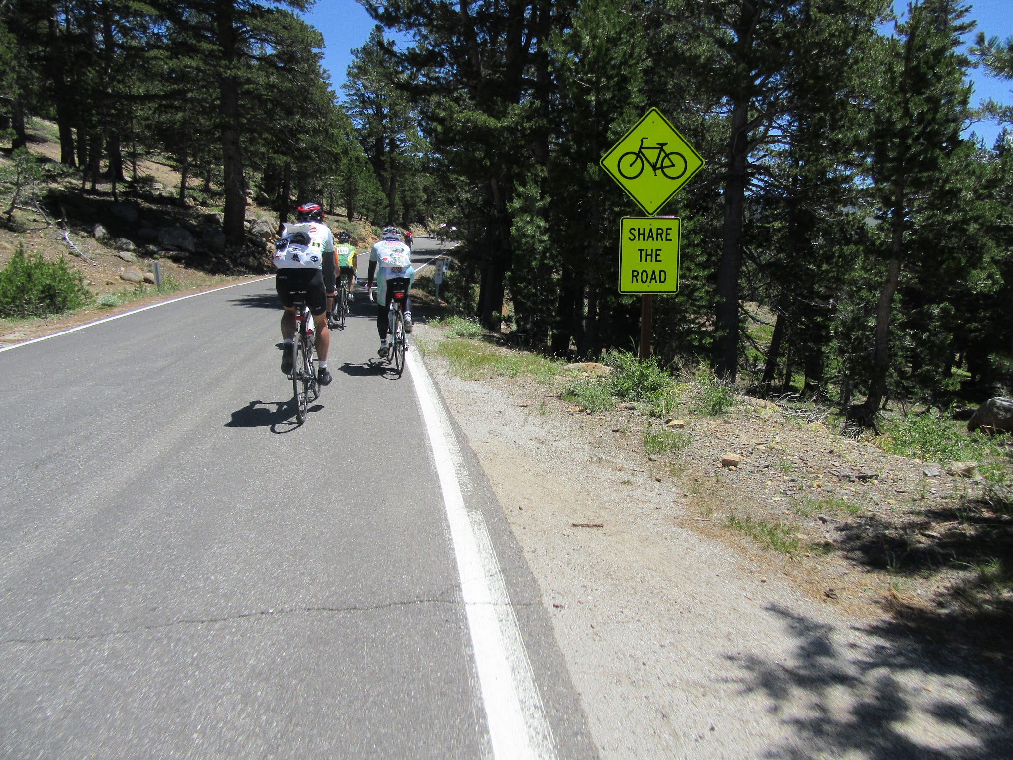 Bike climb Ebbetts Pass West - share the road sign with cyclists passing it
