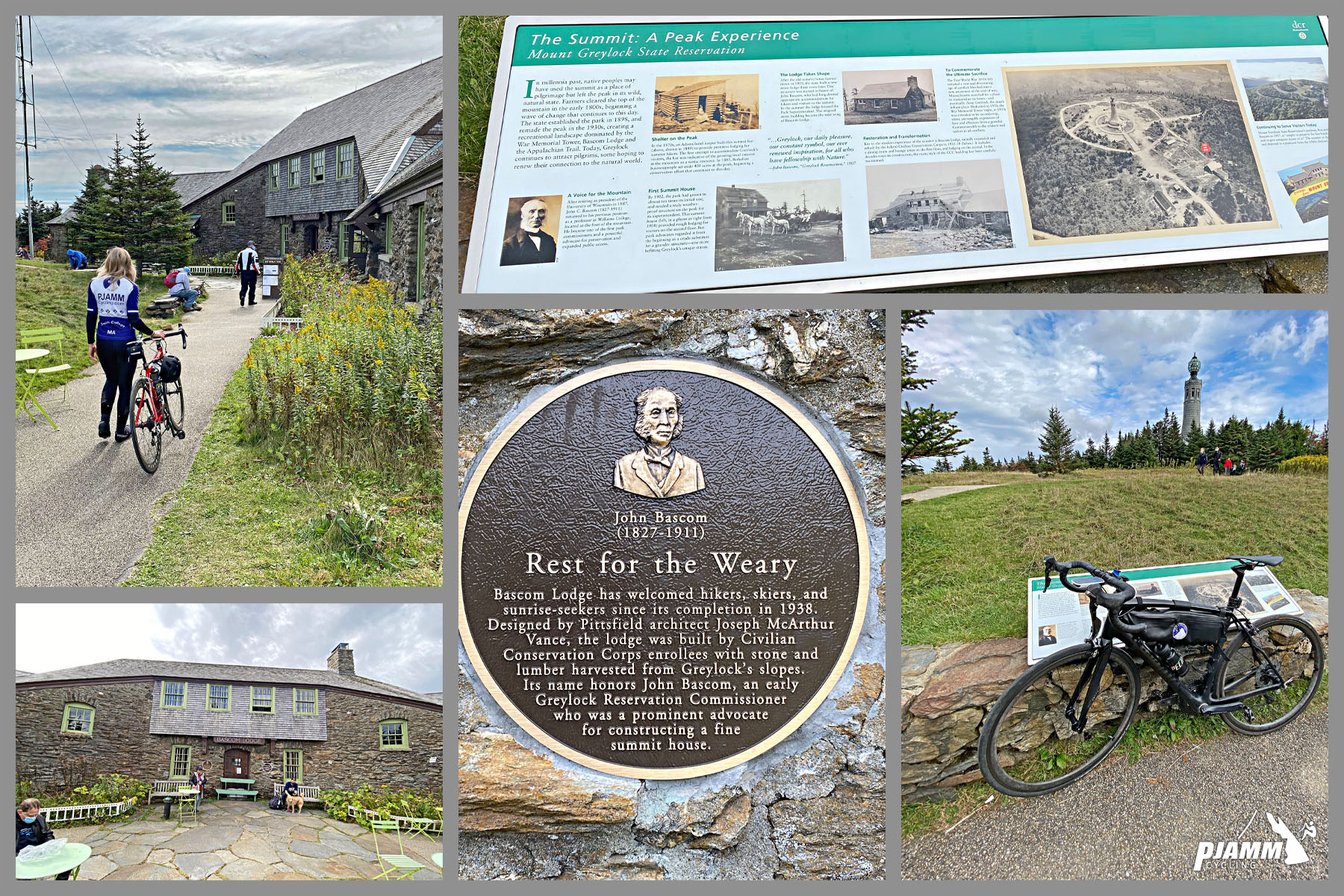 Cycling Mt. Greylock, Massachusetts  - photo collage, Bascom Lodge at climb's summit, cyclists standing in front of Lodge, informational plaque and sign, PJAMM Cycling logo in corner