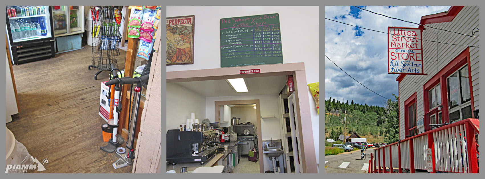 Cycling Left Hand Canyon, Boulder, Colorado - photo collage, PJAMM Cycling logo in corner, bike pumps in Utica Street Market, menu at Utica Street Market, outside view of Utica Street market