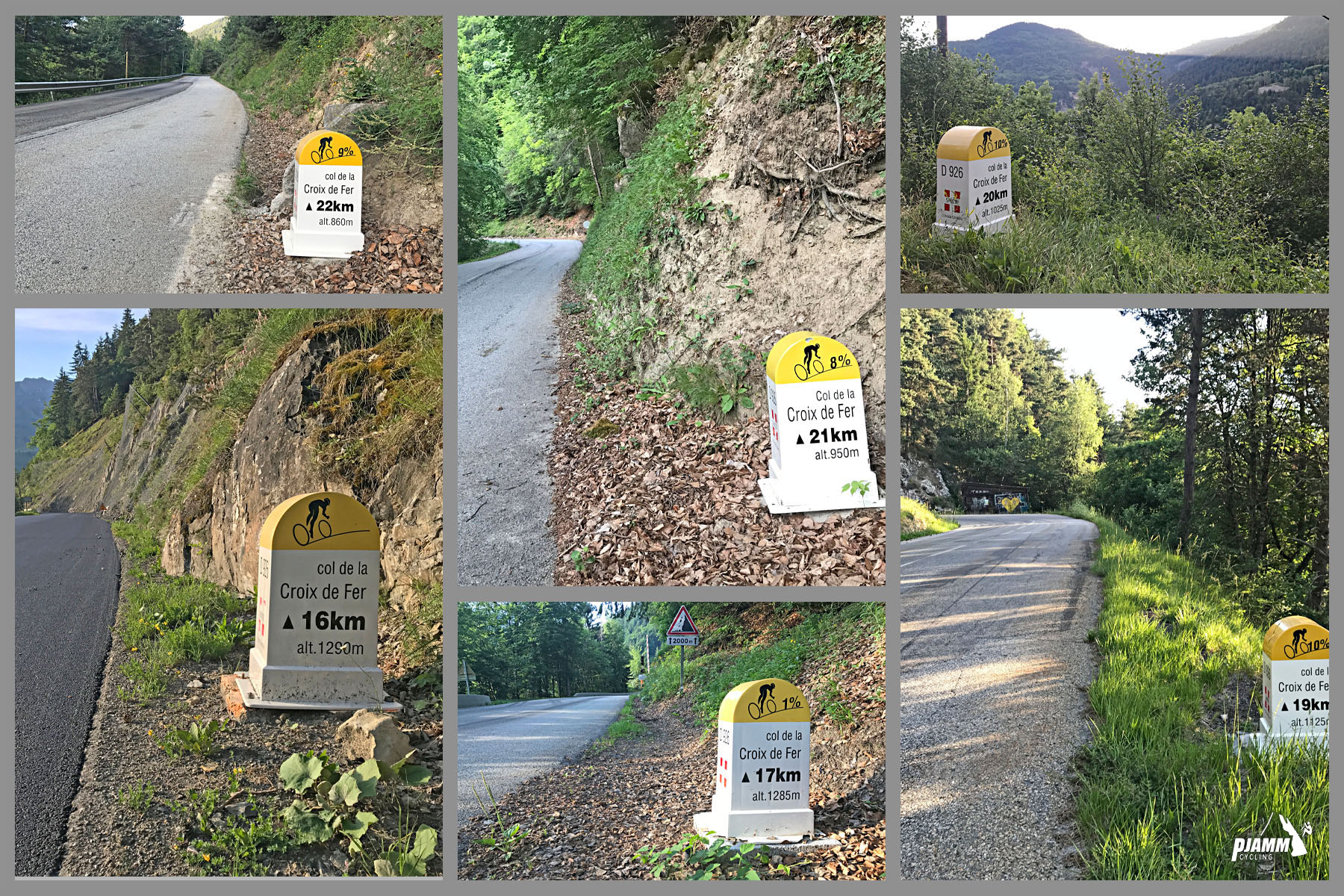 Cycling Col d la Croix de Fer from Saint-Jean-de-Maurienne - photo collage shows KM markers along the climb