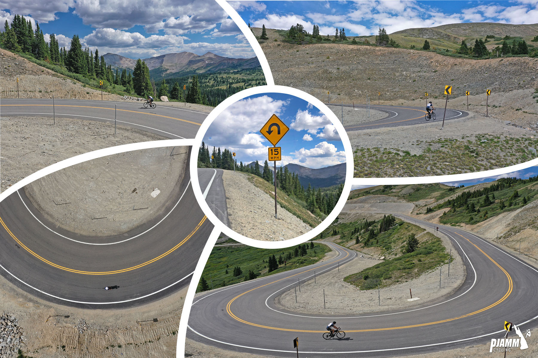 Cycling Cottonwood Pass, Colorado - photo collage, PJAMM Cycling logo in corner, various aerial views of climb's final switchback, two-lane, well paved highway road