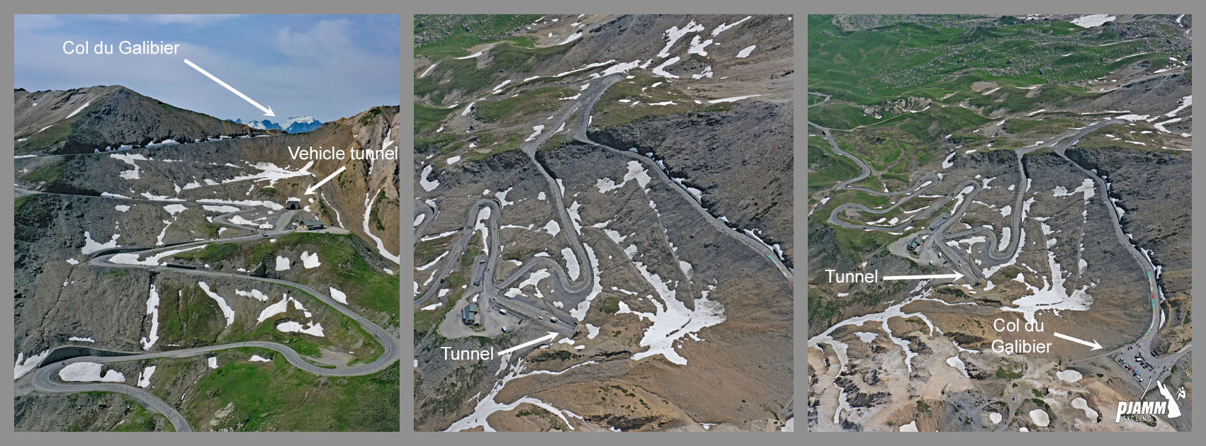 Cycling Col du Galibier & Telegraphe: photo collage shows final set of hairpin turns before climb finish, with Col du Galibier and vehicle tunnel pointed out