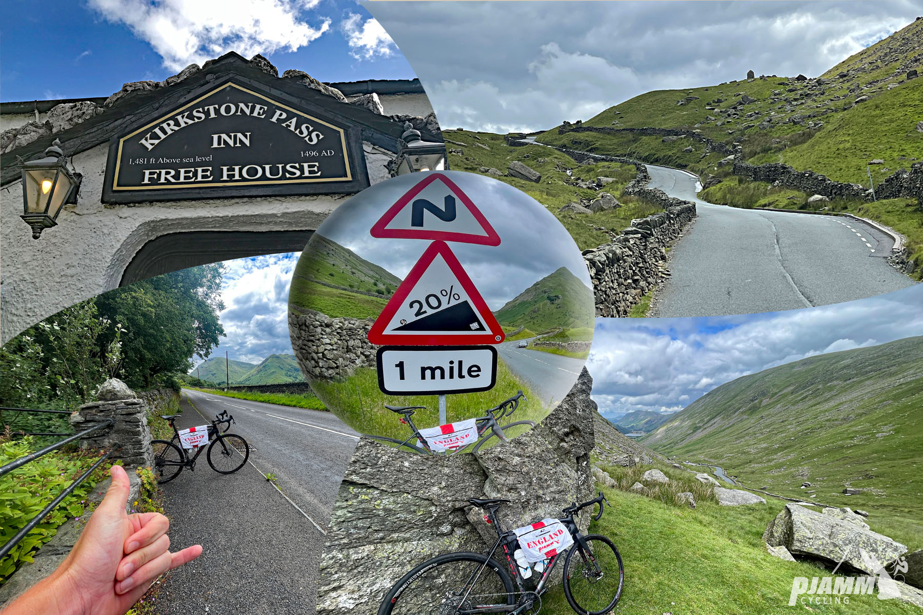 photo collage shows sign at Kirkstone Pass Inn, English country roads lined with stone retaining walls; road sign warning of 20% grades 