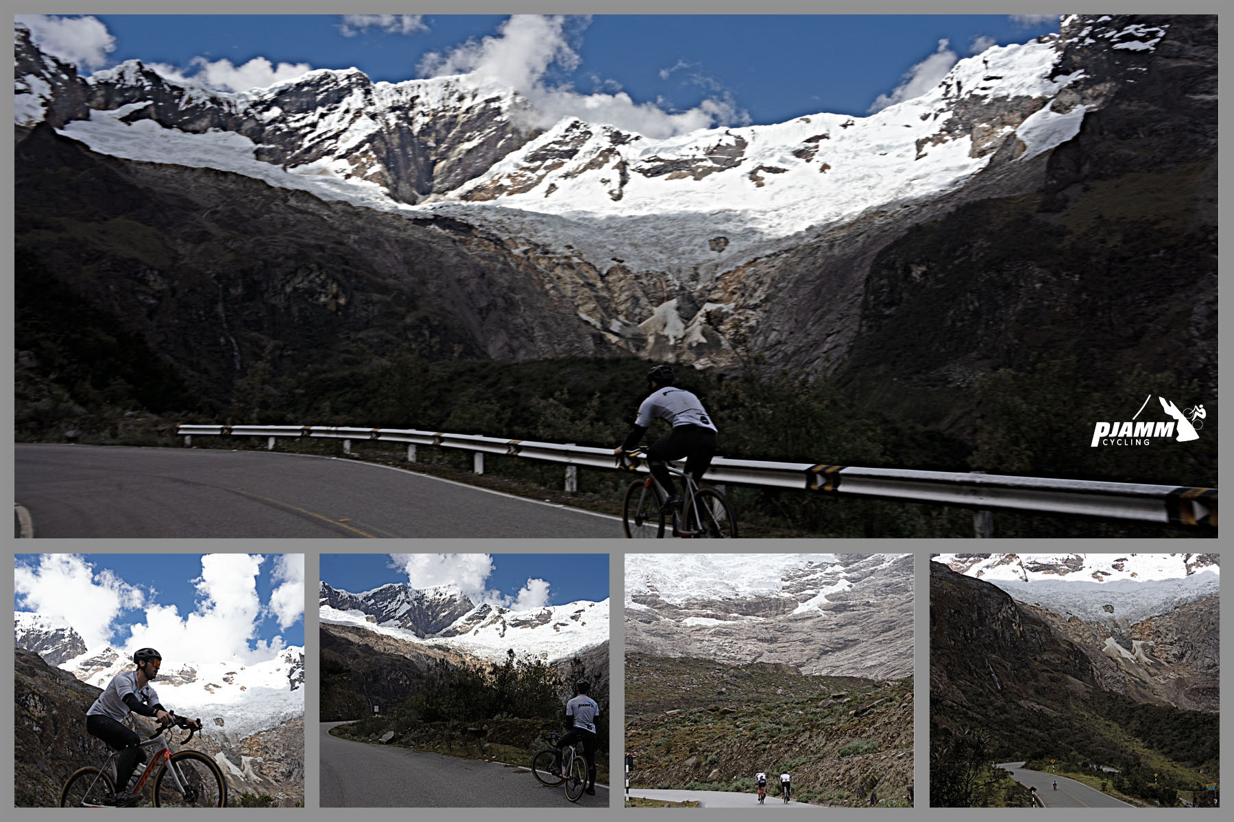 Cycling Punta Olimpica East, Peru - photo collage shows PJAMM Cyclists riding past a glacier above Laguna Yanarraju