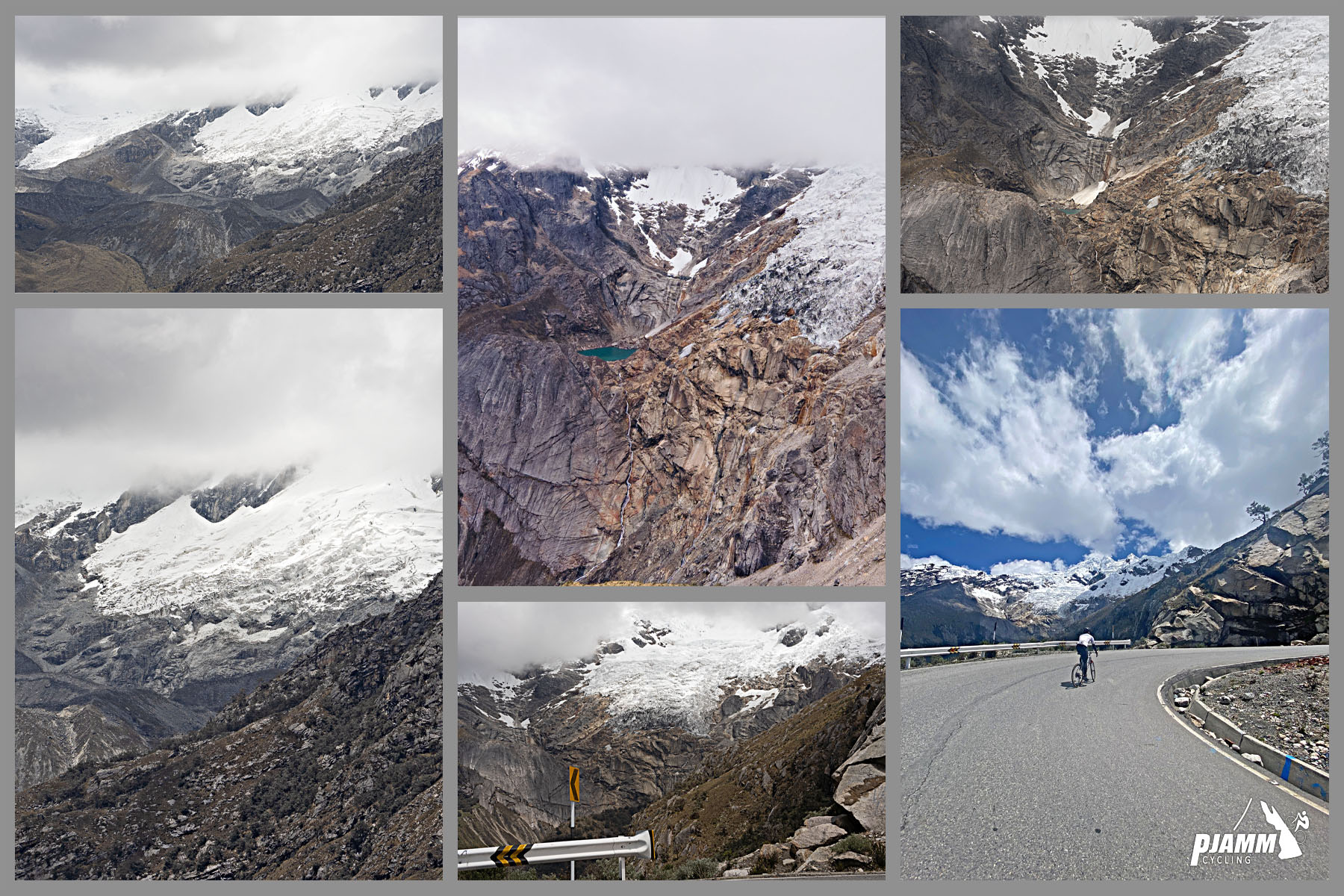 photo collage shows aerial views of Laguna Chacllacocha, a small bright blue lake nestled into the side of the mountain, also seen is a glacier