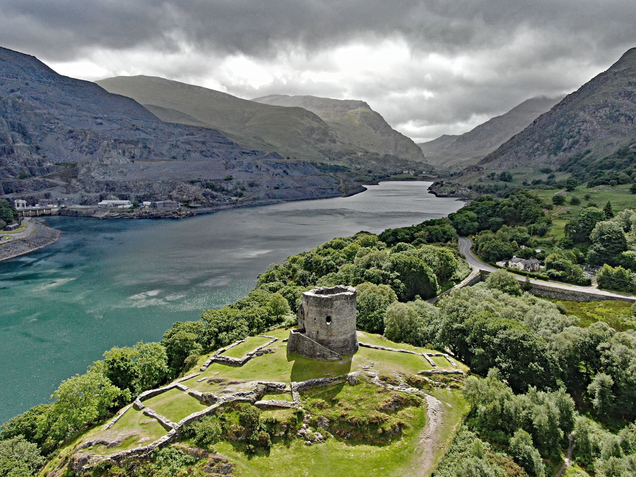 aerial drone view of Dolbadarn Castle in Llanberis