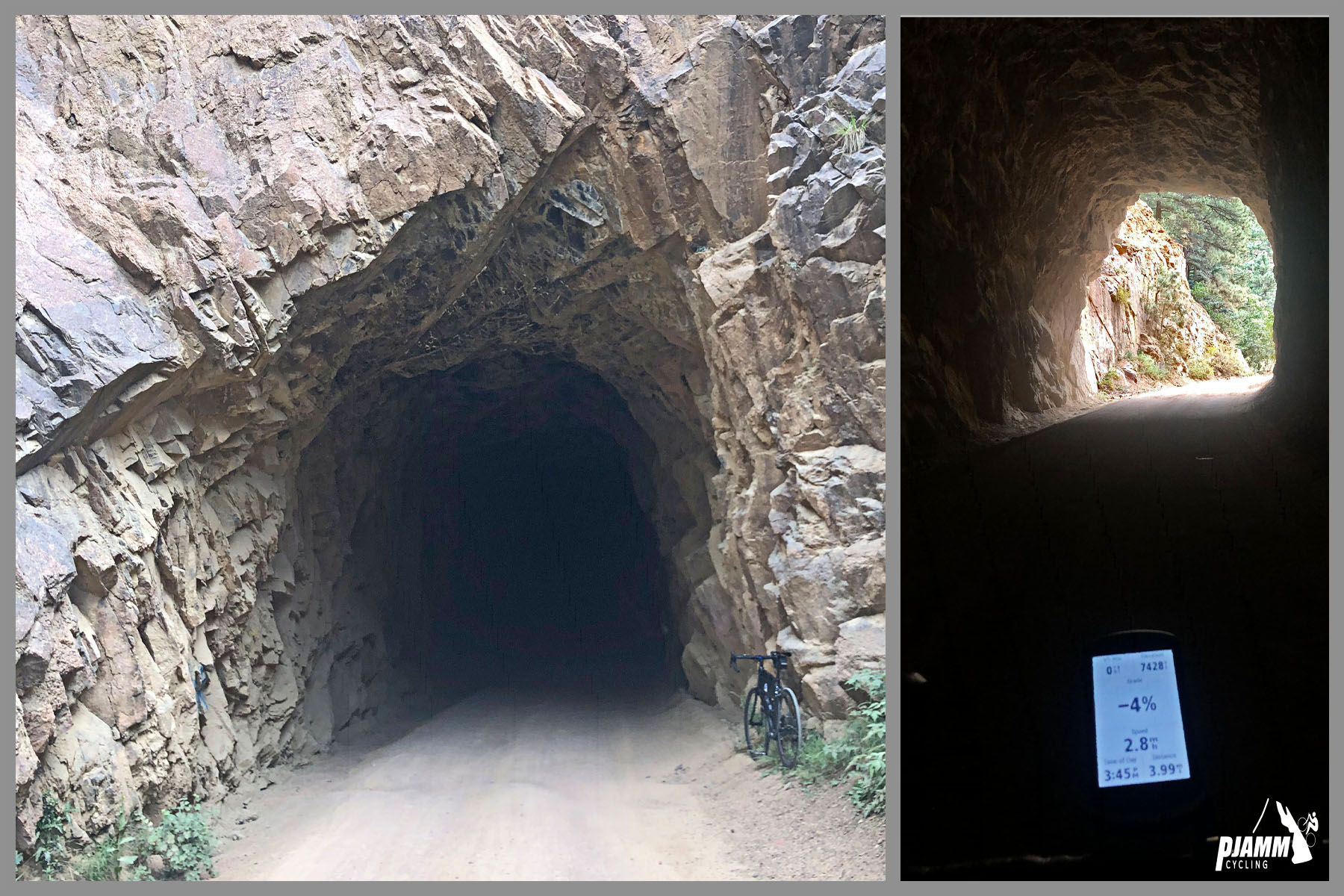 Cycling North Cheyenne Cañon, Colorado Springs Cycling North Cheyenne Cañon, Colorado Springs - photo collage, PJAMM Cycling logo in corner, bike parked at entrance of dark cave carved into hillside, craggy, sharp brown rocks surround cave entrance, Garmin device inside cave reads -4% grade