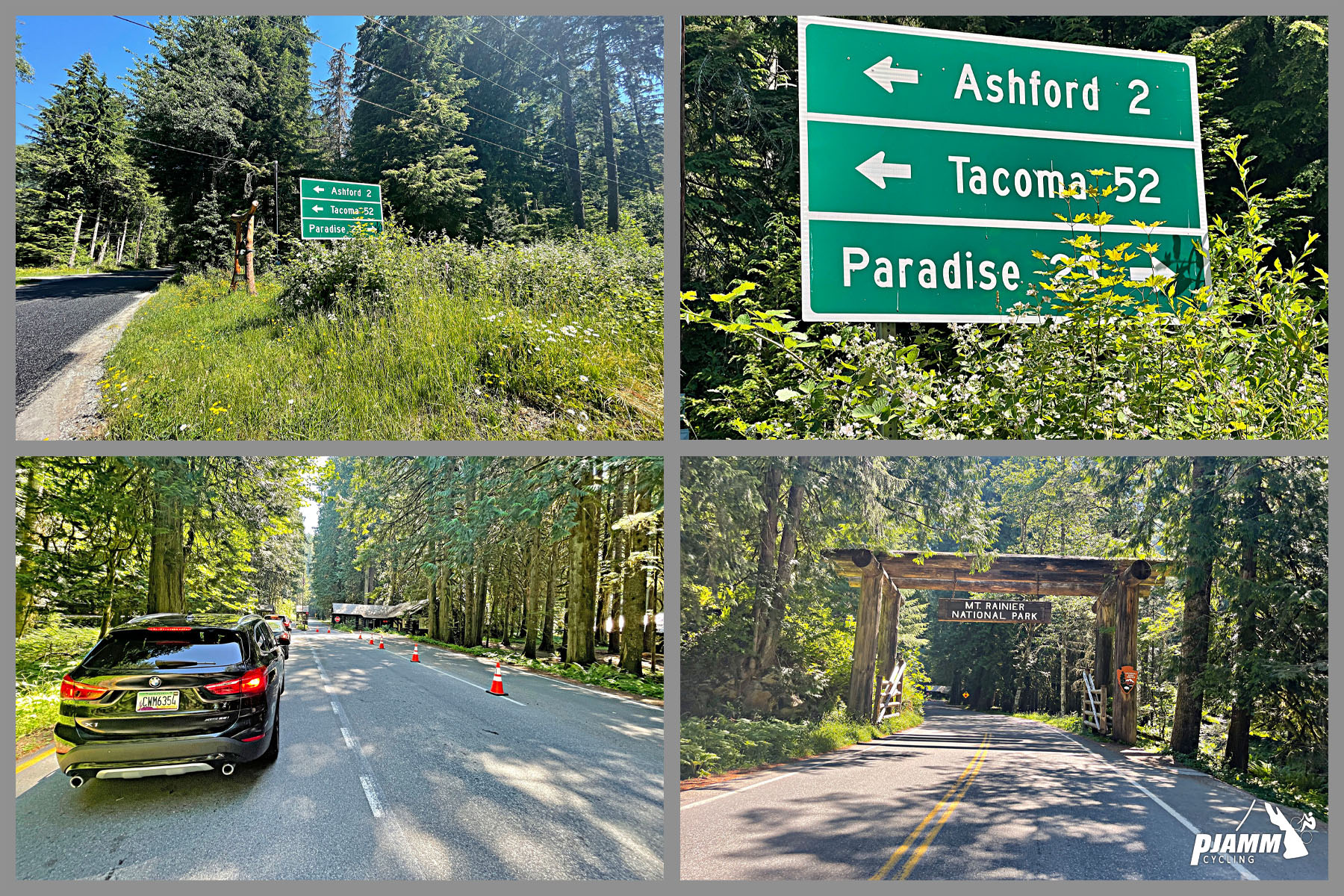 car parked on evergreen shrouded roadway, road signs for Ashford, Tacoma, and Paradise
