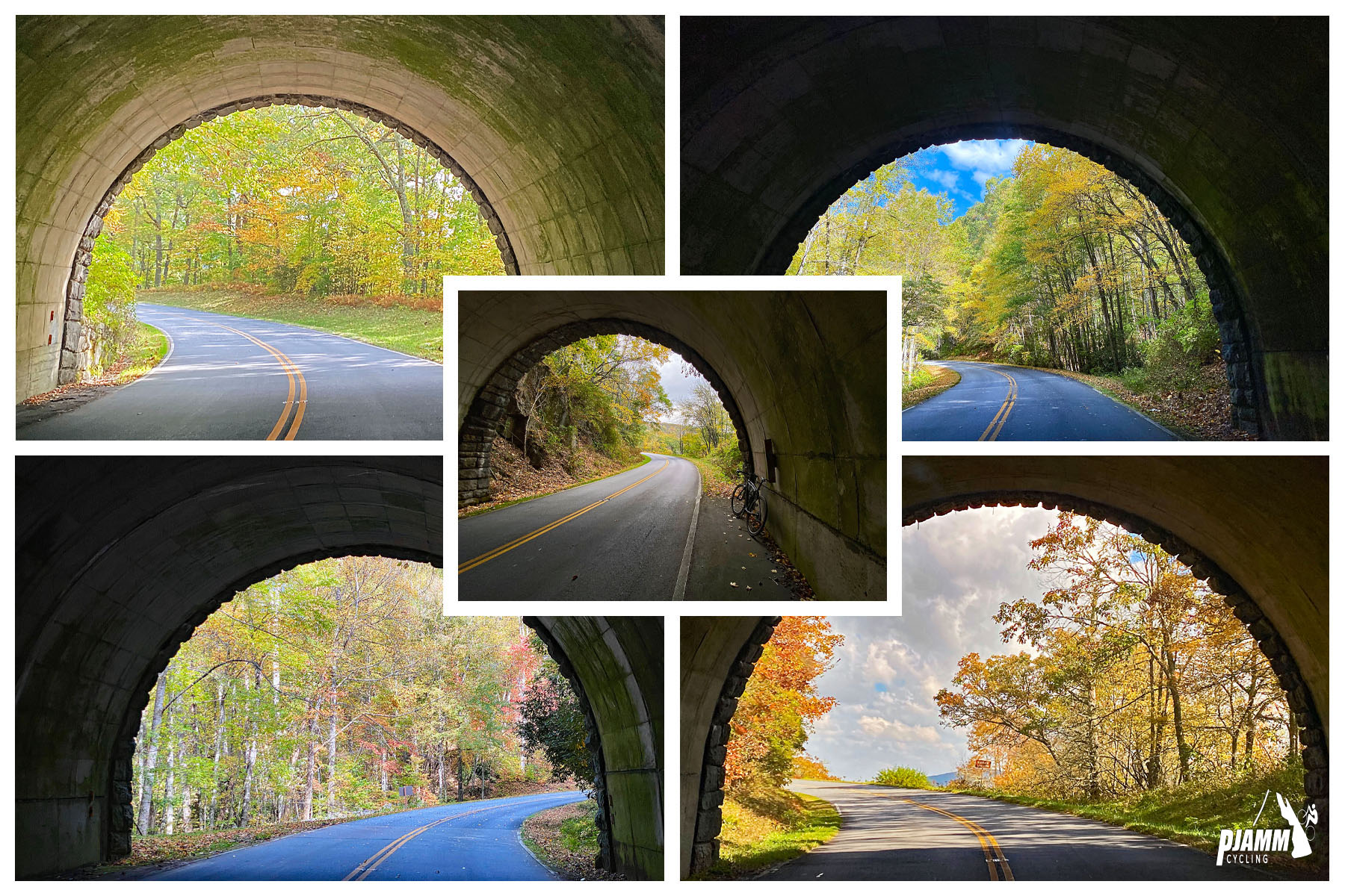 Cycling Blue Ridge Parkway -- Cherokee Hill - Looking out of the five tunnels through the Cherokee Hill climb on BRP, two-lane roadway, fall foliage