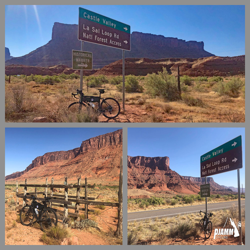 Cycling La Sal Loop Road at Castle Valley - photo collage, PJAMM Cycling logo in corner, bike parked against road signs for Castle Valley, La Sal Loop Road National Forest Access, scrub brush, large red bluff behind sign