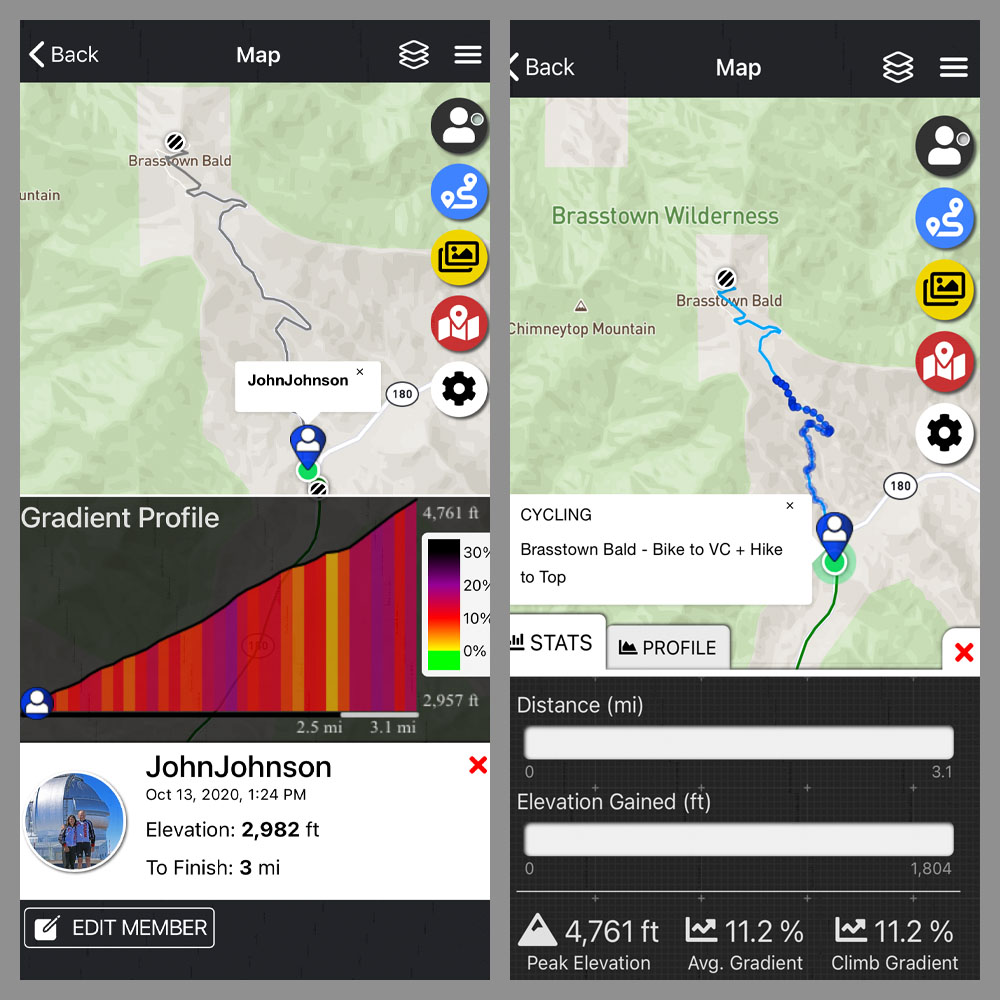 Cycling Brasstown Bald, Georgia - PJAMM Adventure app showing climb gradient and overview for the Brasstown Bald climb