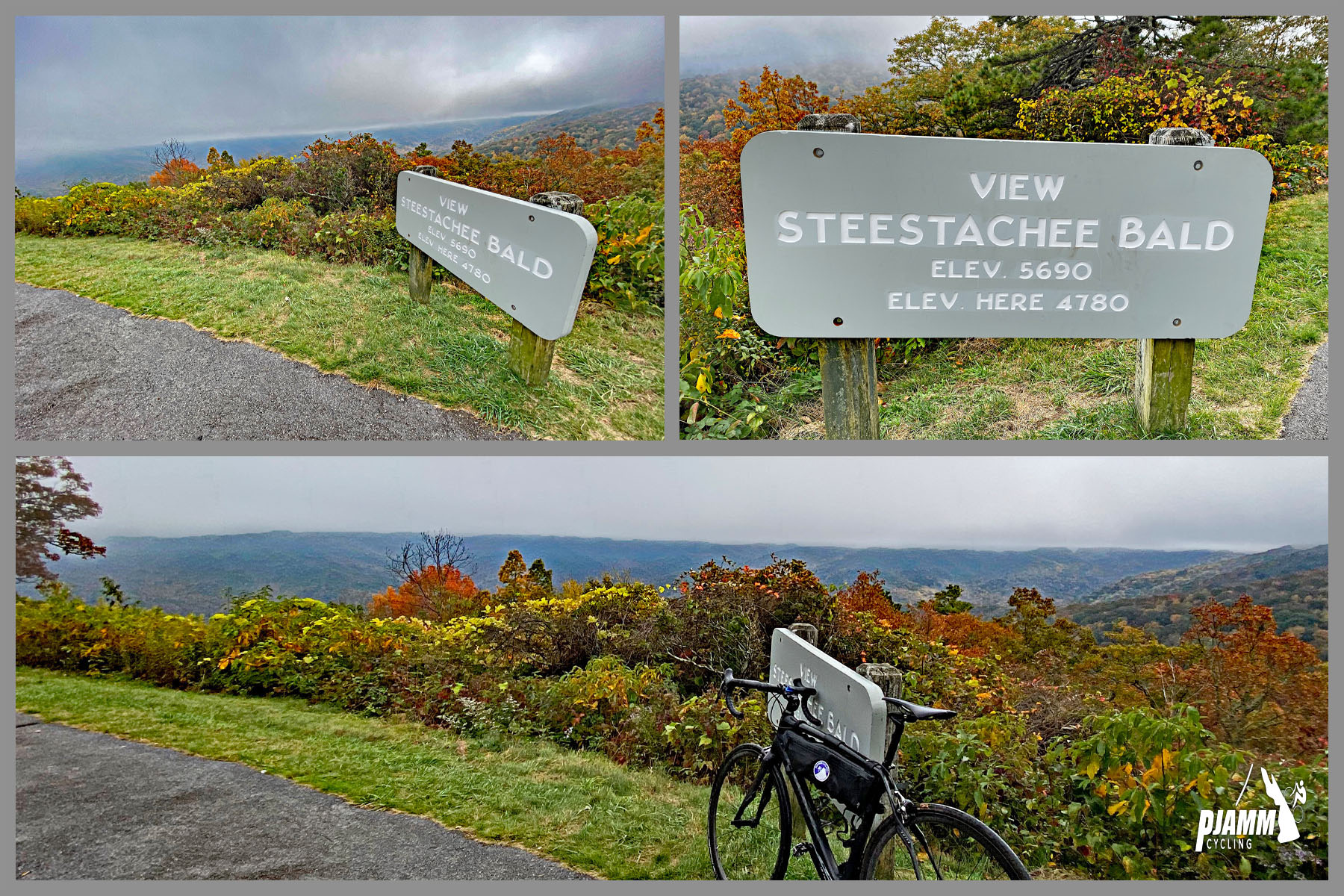 Cycling Richland Balsam, Blue Ridge Parkway - scenic overlook sign reads "View Steestachee Bald," bike parked on trail against overlook sign, dense fall foliage, foggy skies