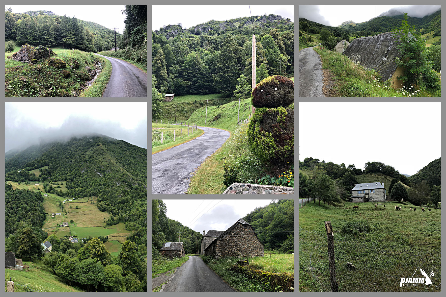 photo collage shows narrow one-lane country road surrounded by lush green landscape and pastureland on a wet overcast day; PJAMM Cycling logo in corner